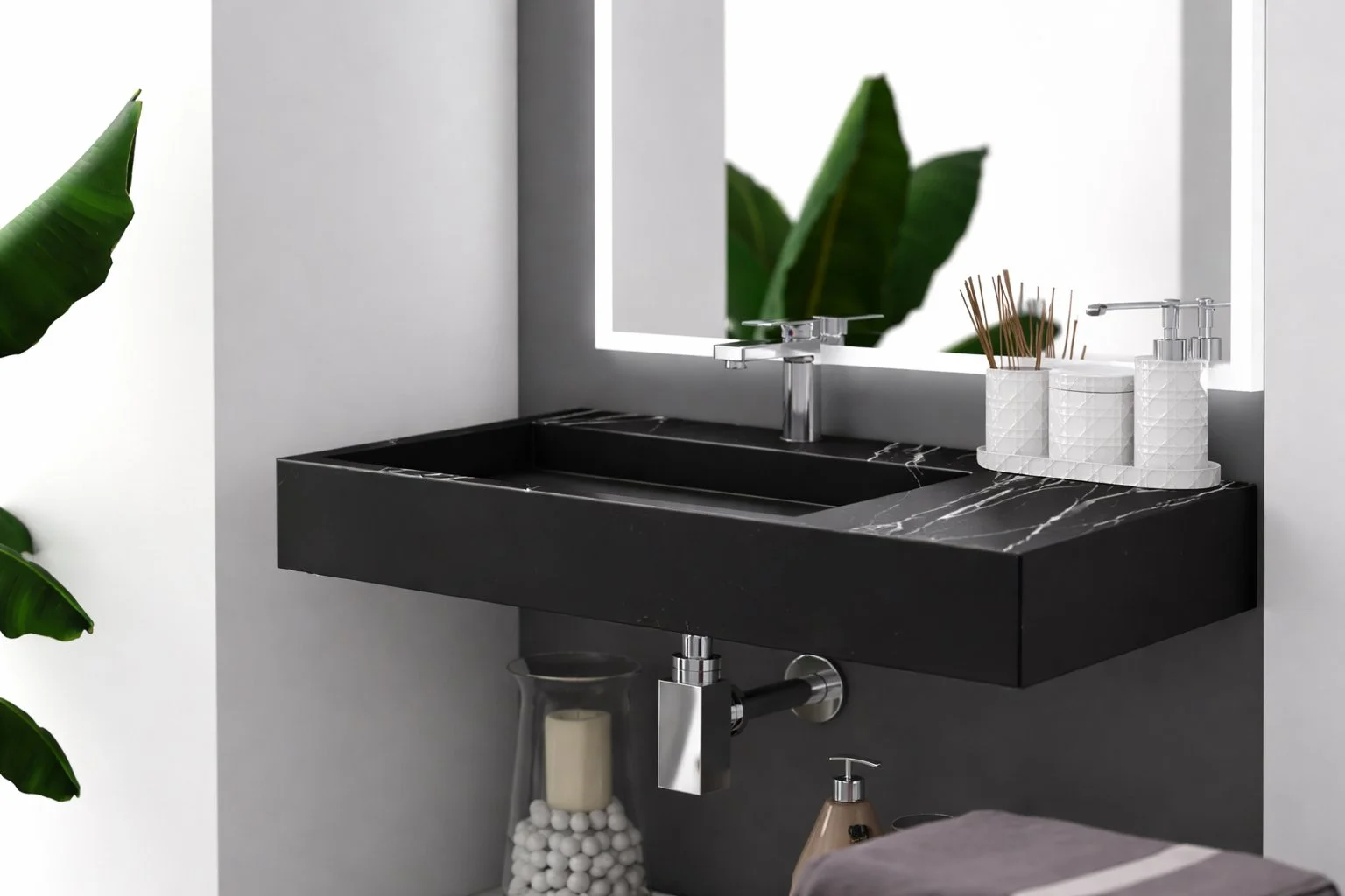 Juniper 36" Solid Surface Stone Left Basin Bathroom Sink in Black Marble
