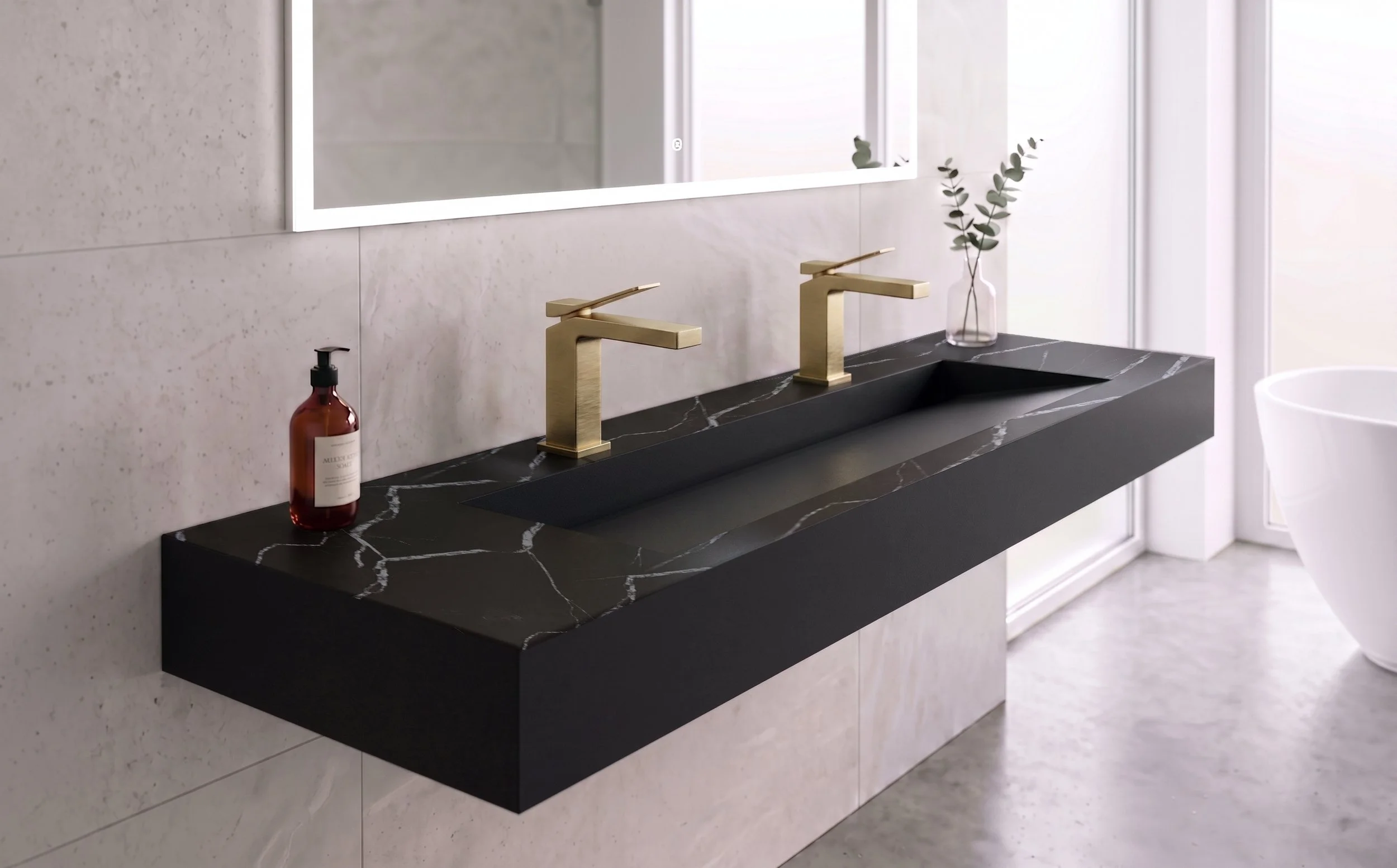 Pyramid 60" Solid Surface Bathroom Double Basin Sink in Black Marble