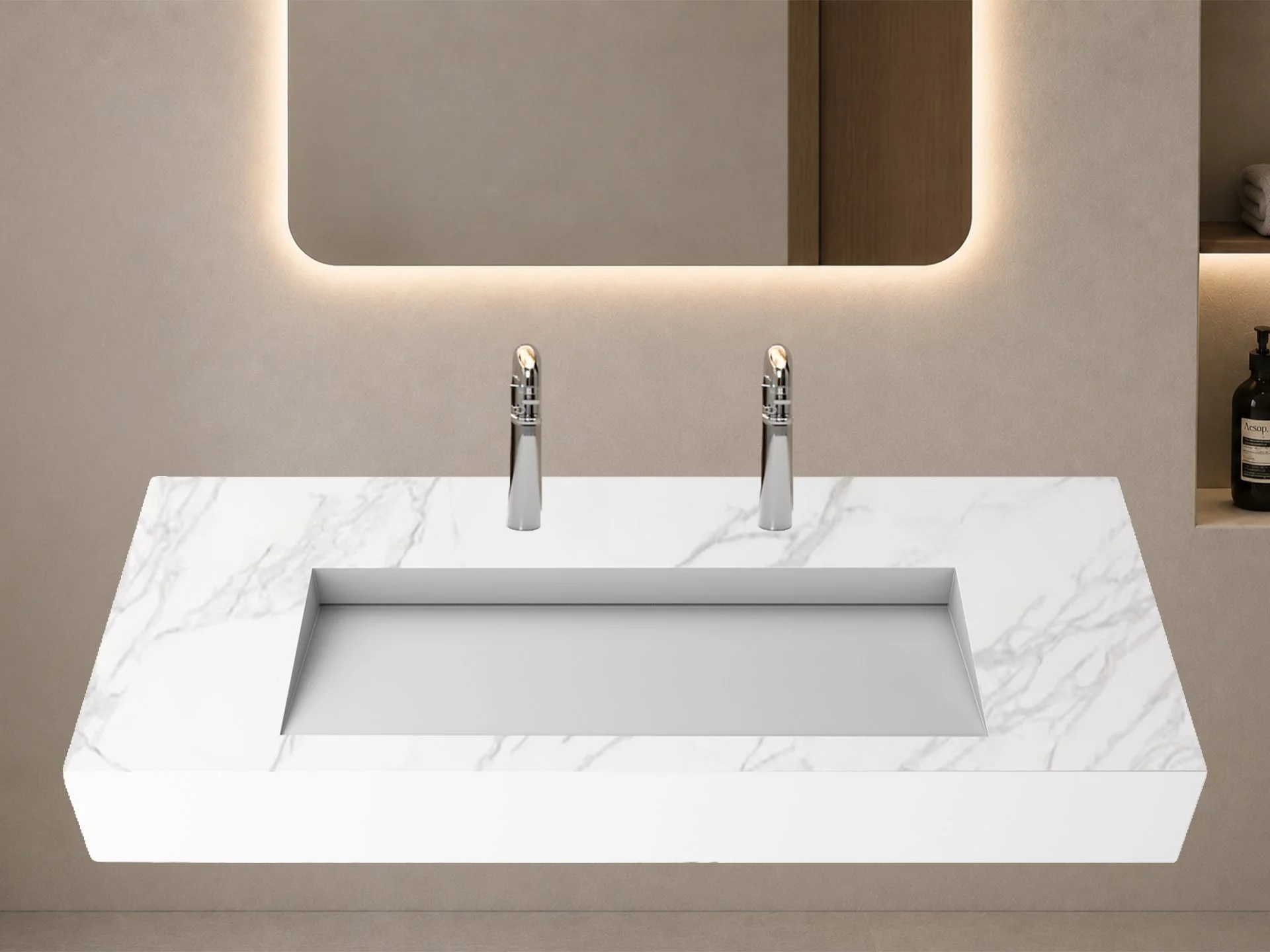 Pyramid 72" Solid Surface Manmade Stone Bathroom Sink in Marble White