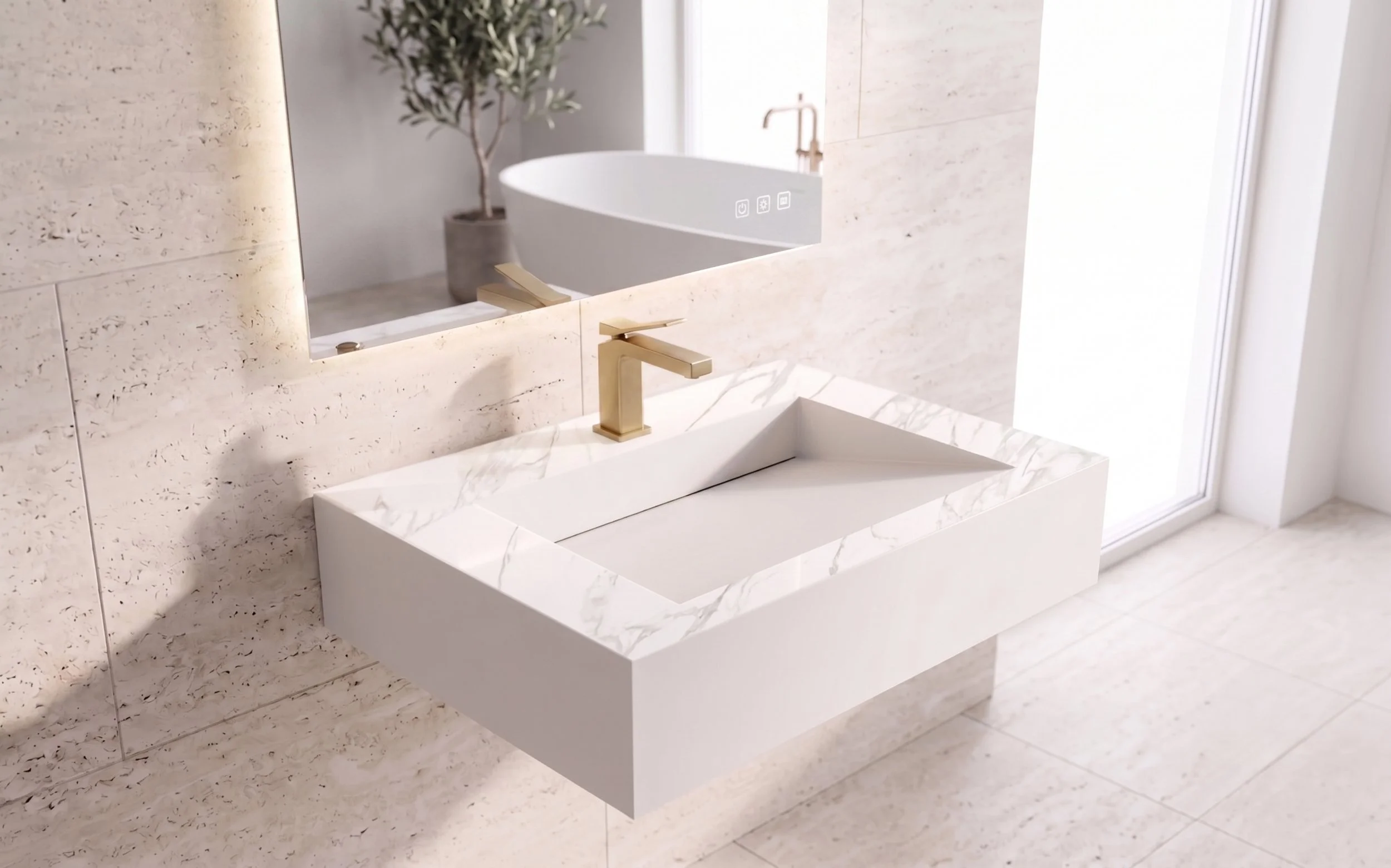Pyramid 30" Wall Mounted Bathroom Sink, Marble White