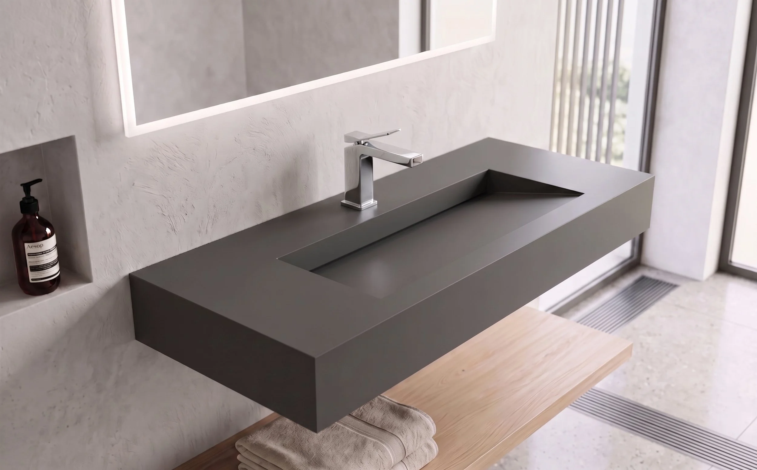 Pyramid 48" Wall Mounted Bathroom Sink, Gray