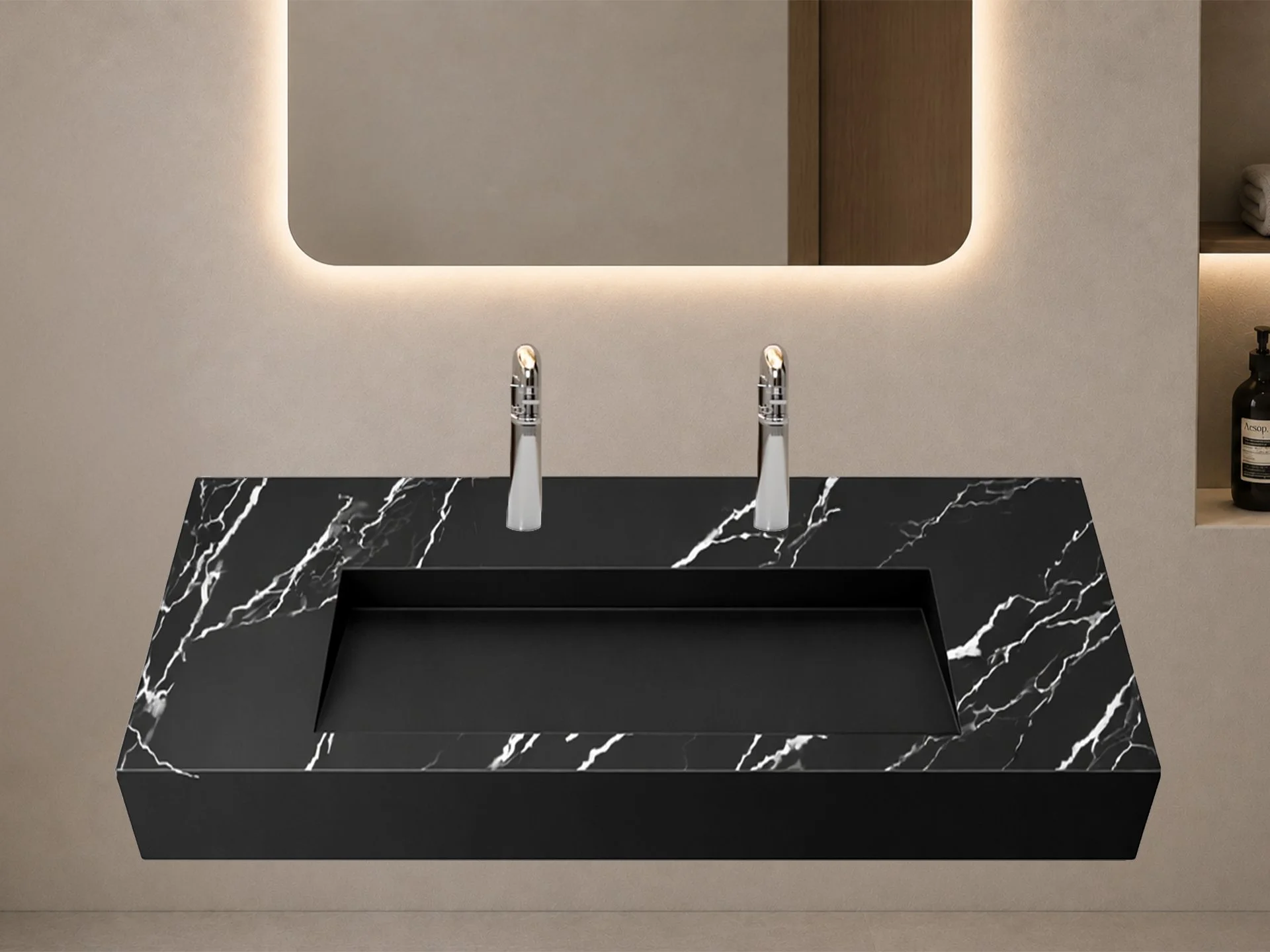 Pyramid 60" Solid Surface Bathroom Double Basin Sink in Black Marble