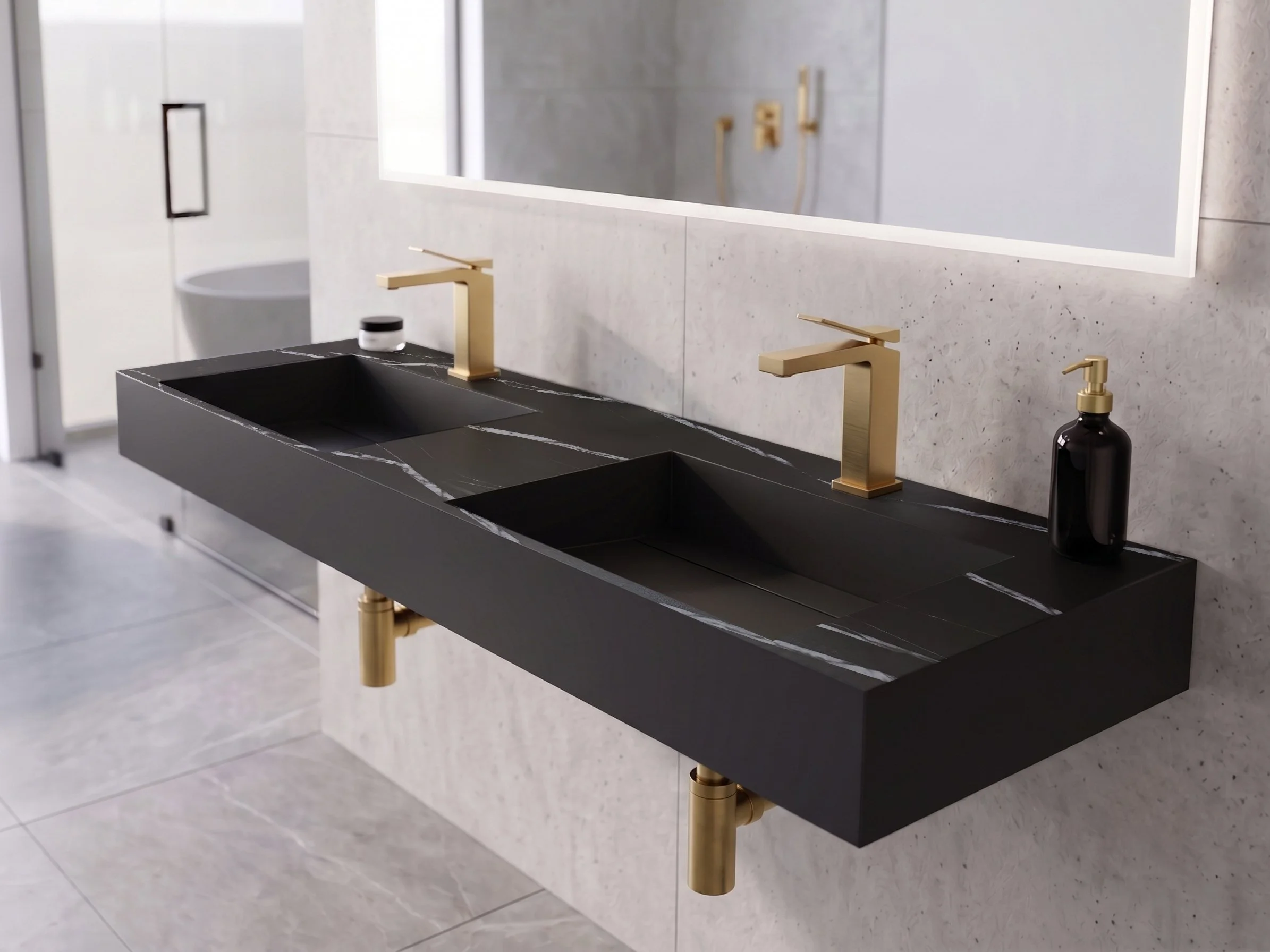 Juniper 60" Solid Surface Stone Double Basin Bathroom Sink in Black Marble