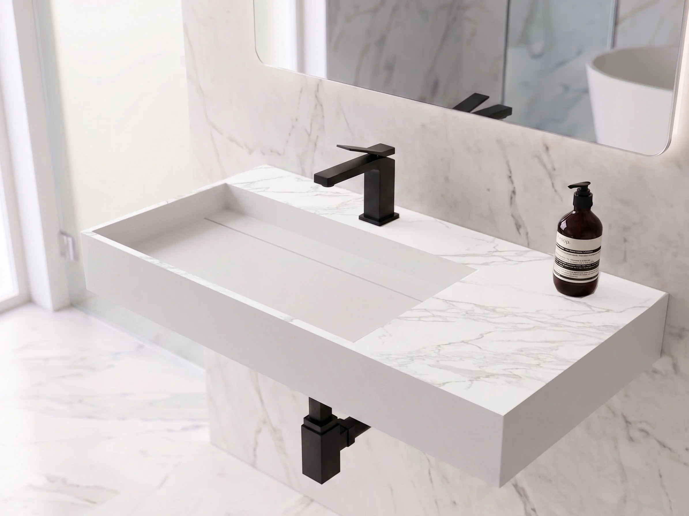 Juniper 36" Left Wall Mounted Bathroom Sink, Marble White