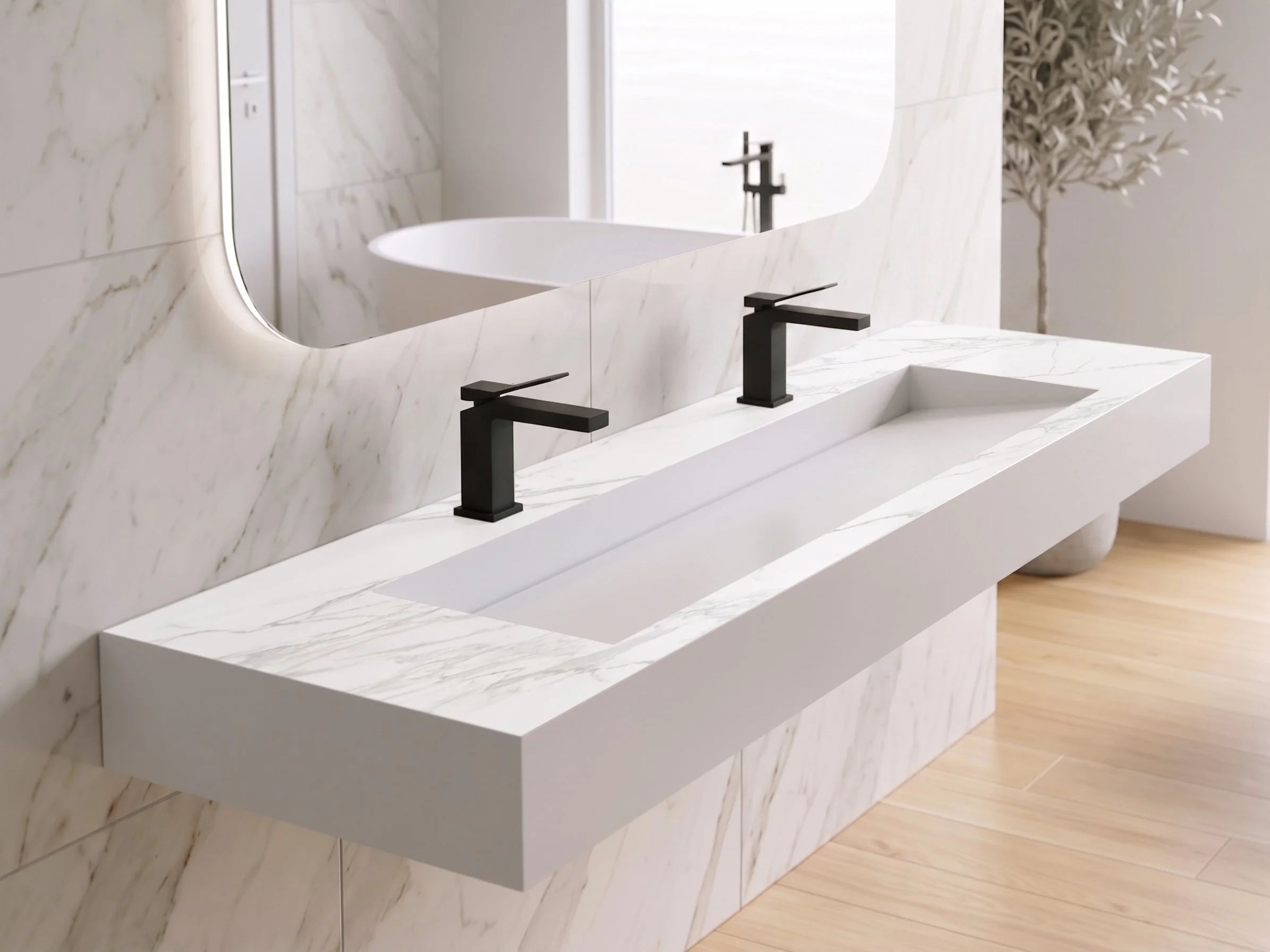 Pyramid 72" Wall Mounted Bathroom Sink, Marble White