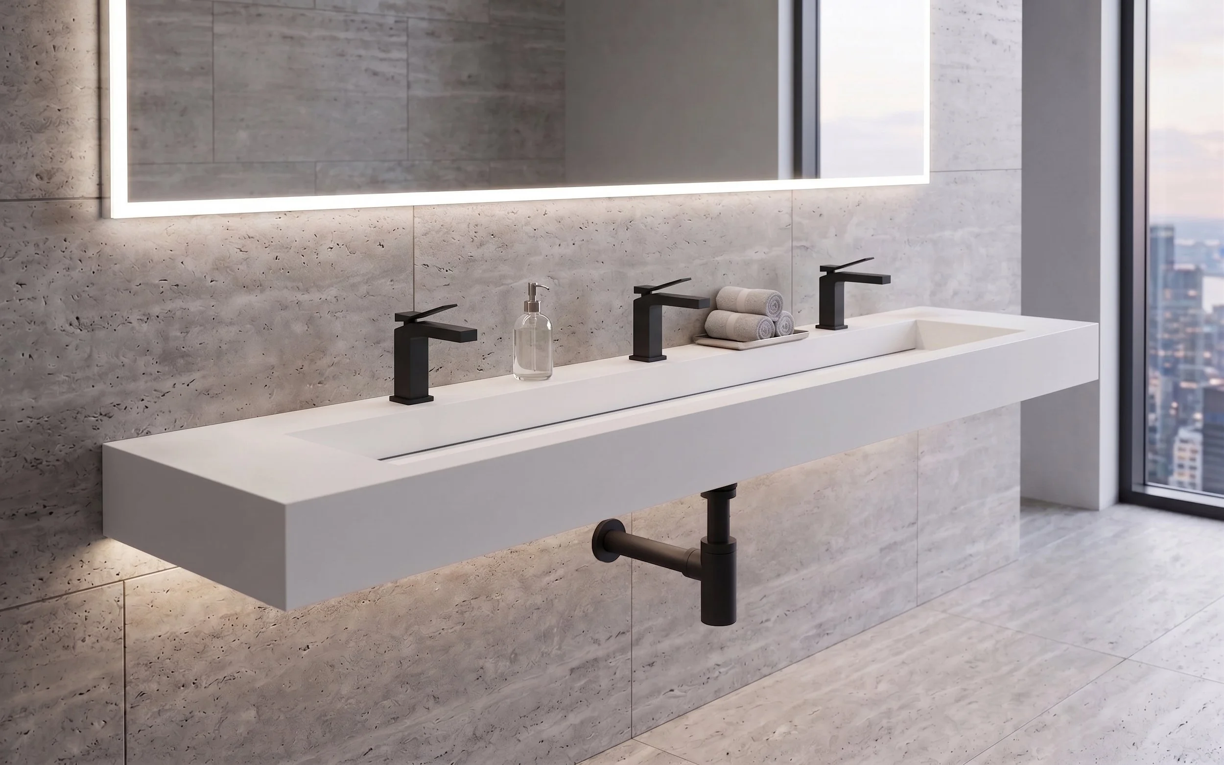 Pyramid 84" Wall Mounted Bathroom Sink, White