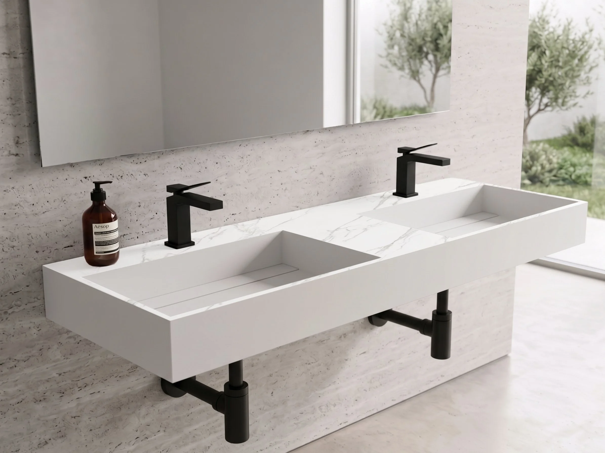 Juniper 72" Wall Mounted Double Bathroom Sink, White Carrara