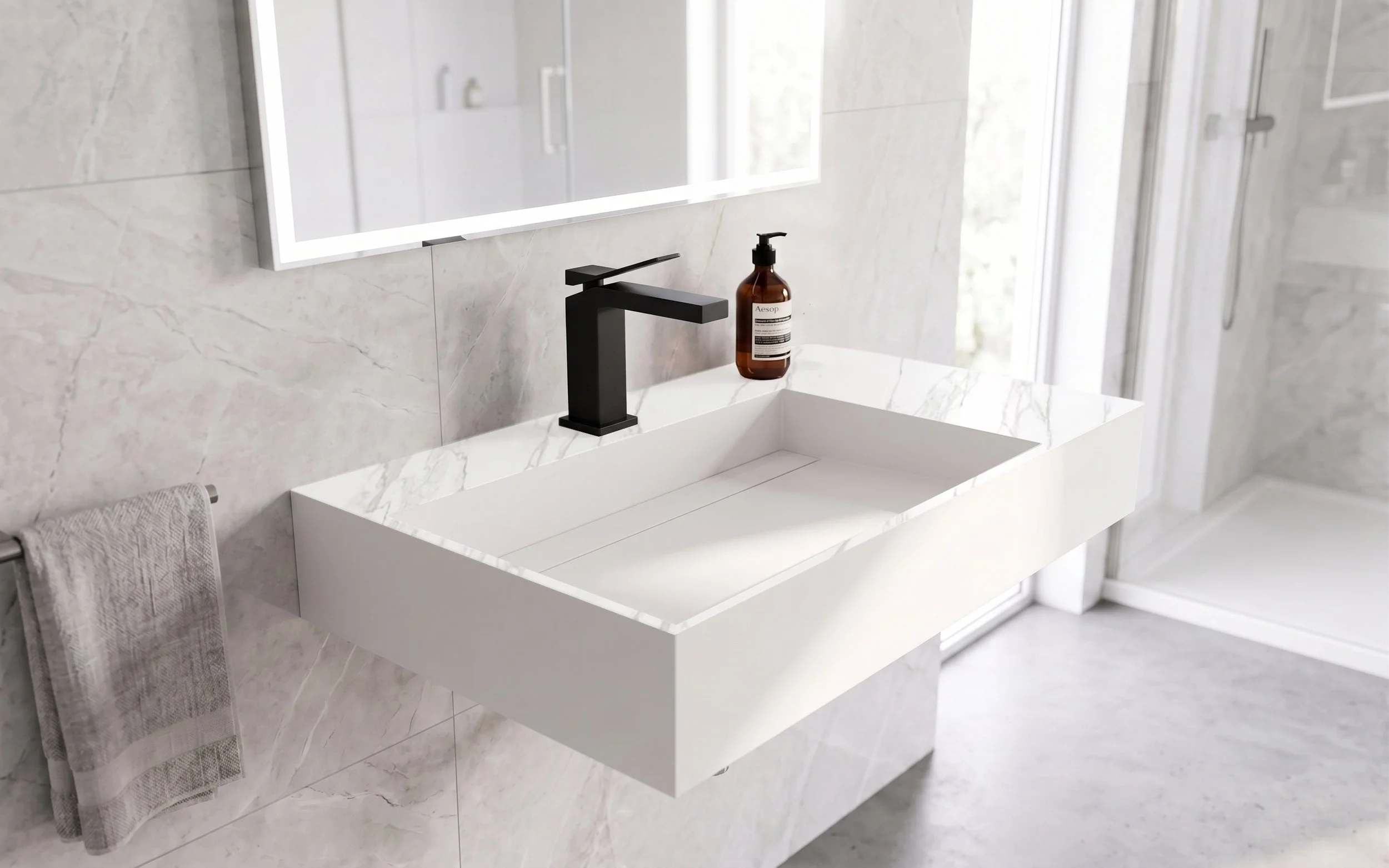 Juniper 30" Left Wall Mounted Bathroom Sink, Marble White