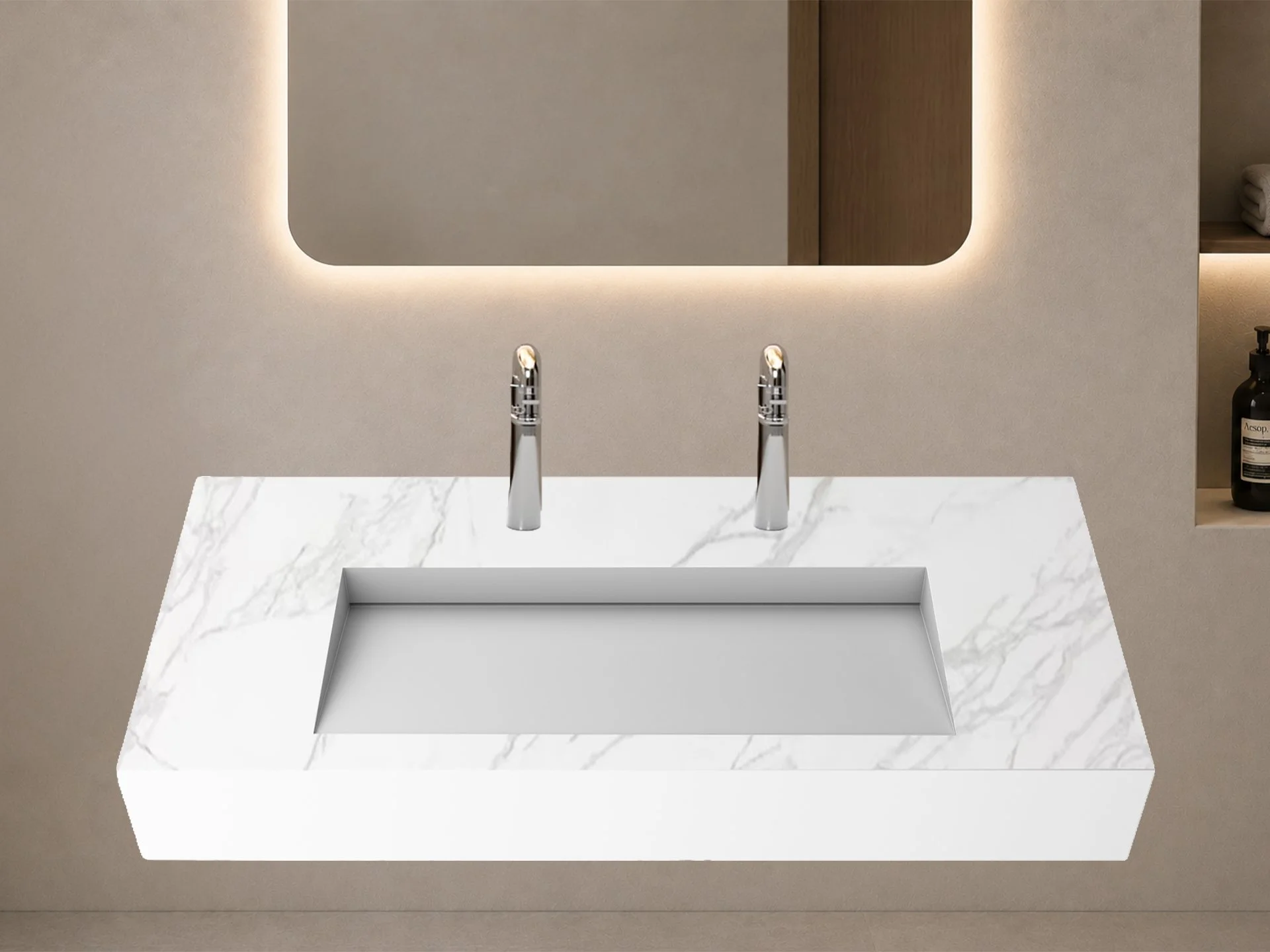 Pyramid 60" Wall Mounted Bathroom Sink,Marble White