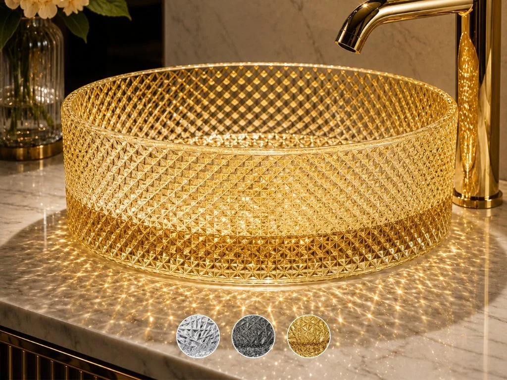 Glacier Circular Glass Vessel Bathroom Sink Bowl 14"