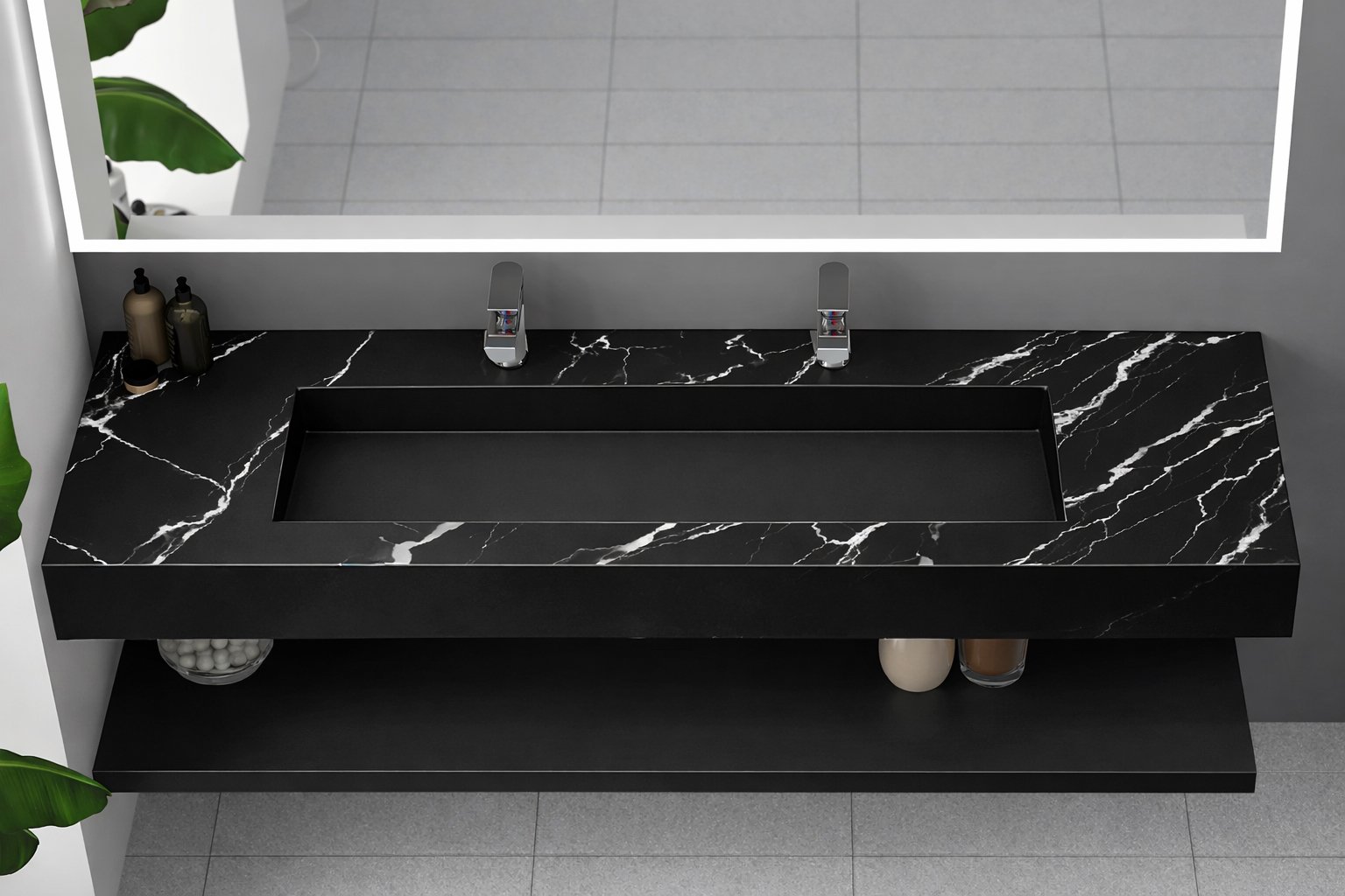 Pyramid 60" Solid Surface Bathroom Double Basin Sink in Black Marble