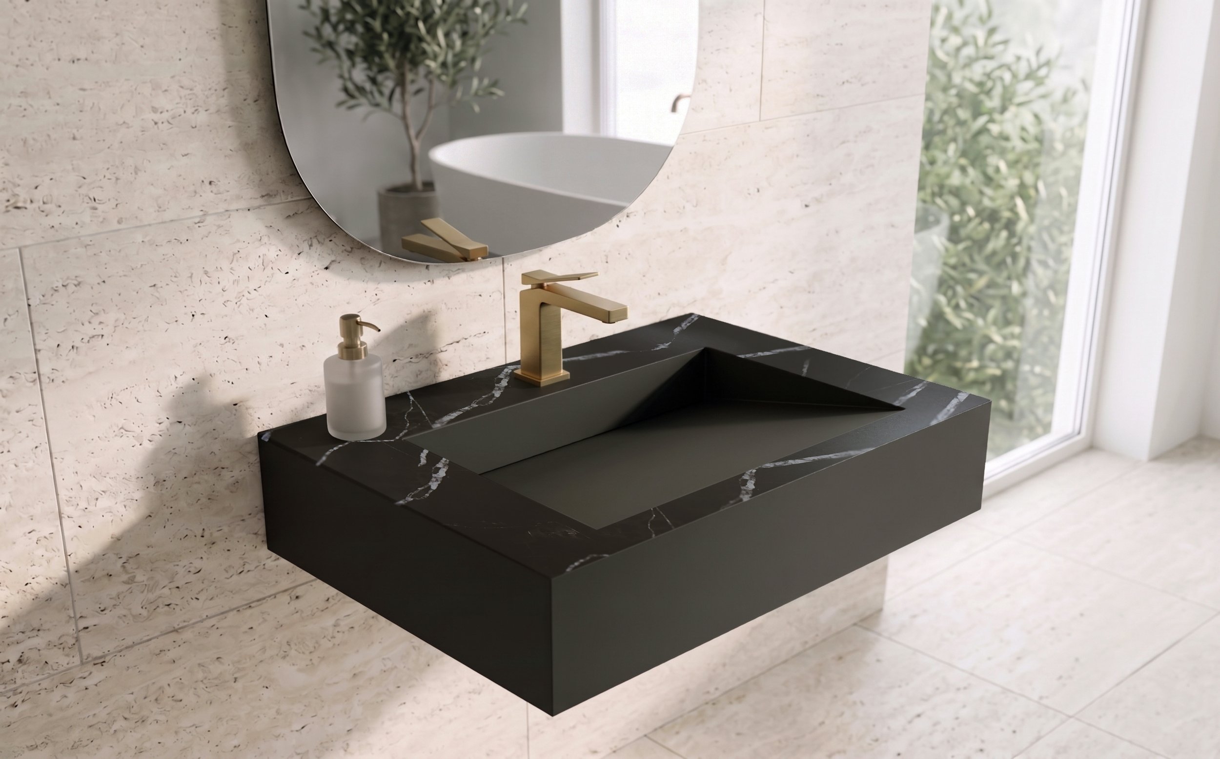 Pyramid 36" Solid Surface Manmade Stone Bathroom Sink in Black Marble