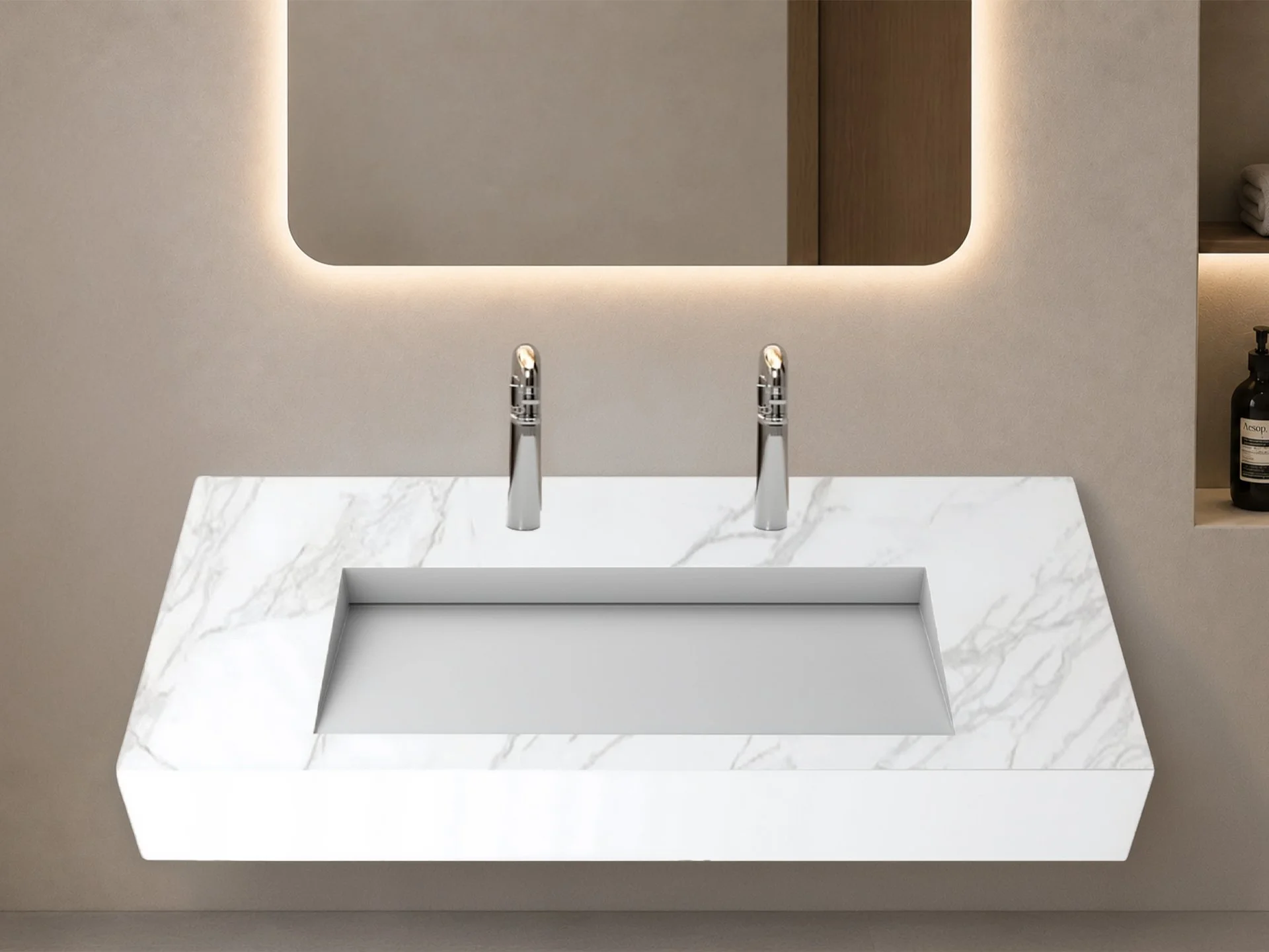 Pyramid 60" Wall Mounted Bathroom Sink,Marble White