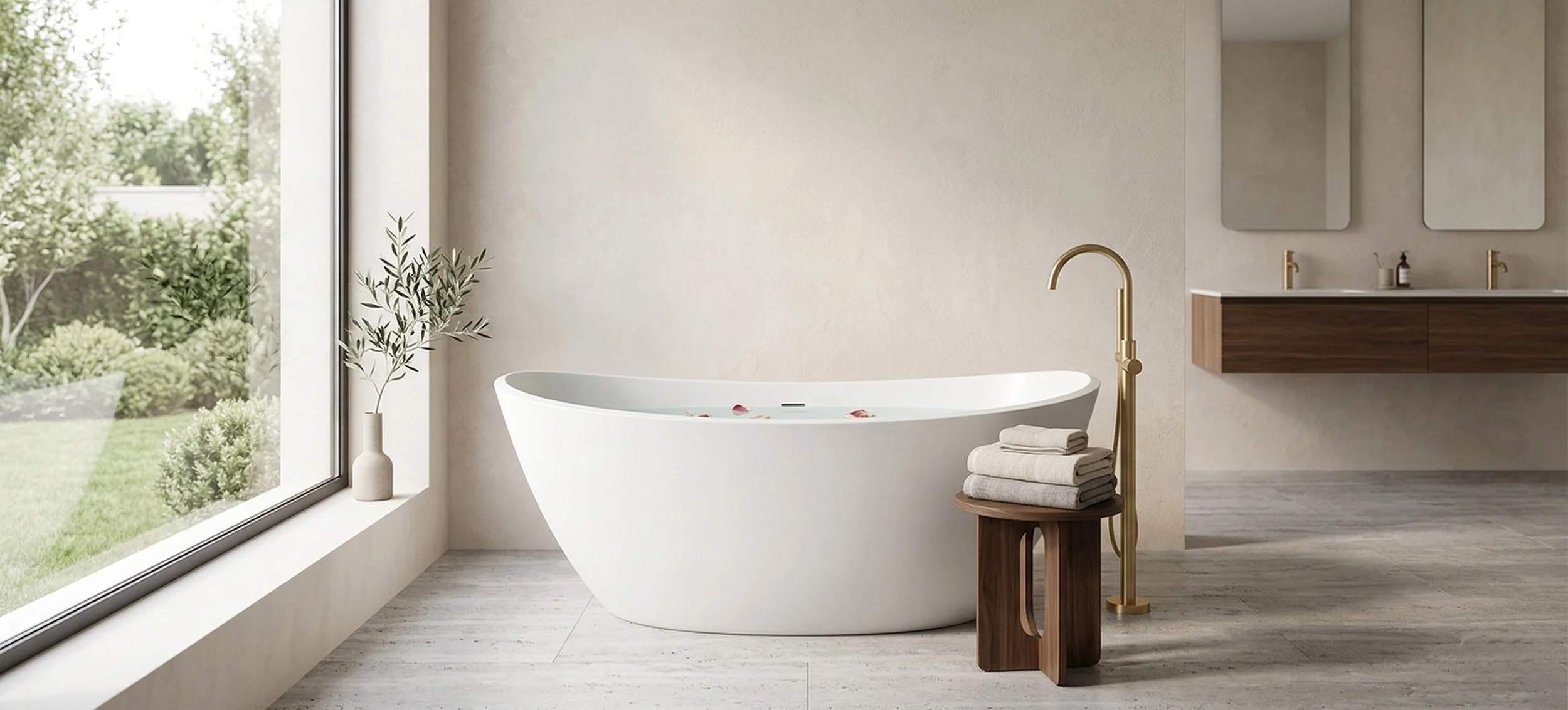 Modern bathroom with a freestanding white bathtub next to a large window, a potted plant on the windowsill, and stacked towels on a wooden stool. Gold faucet and a wooden vanity with two sinks are visible in the background.