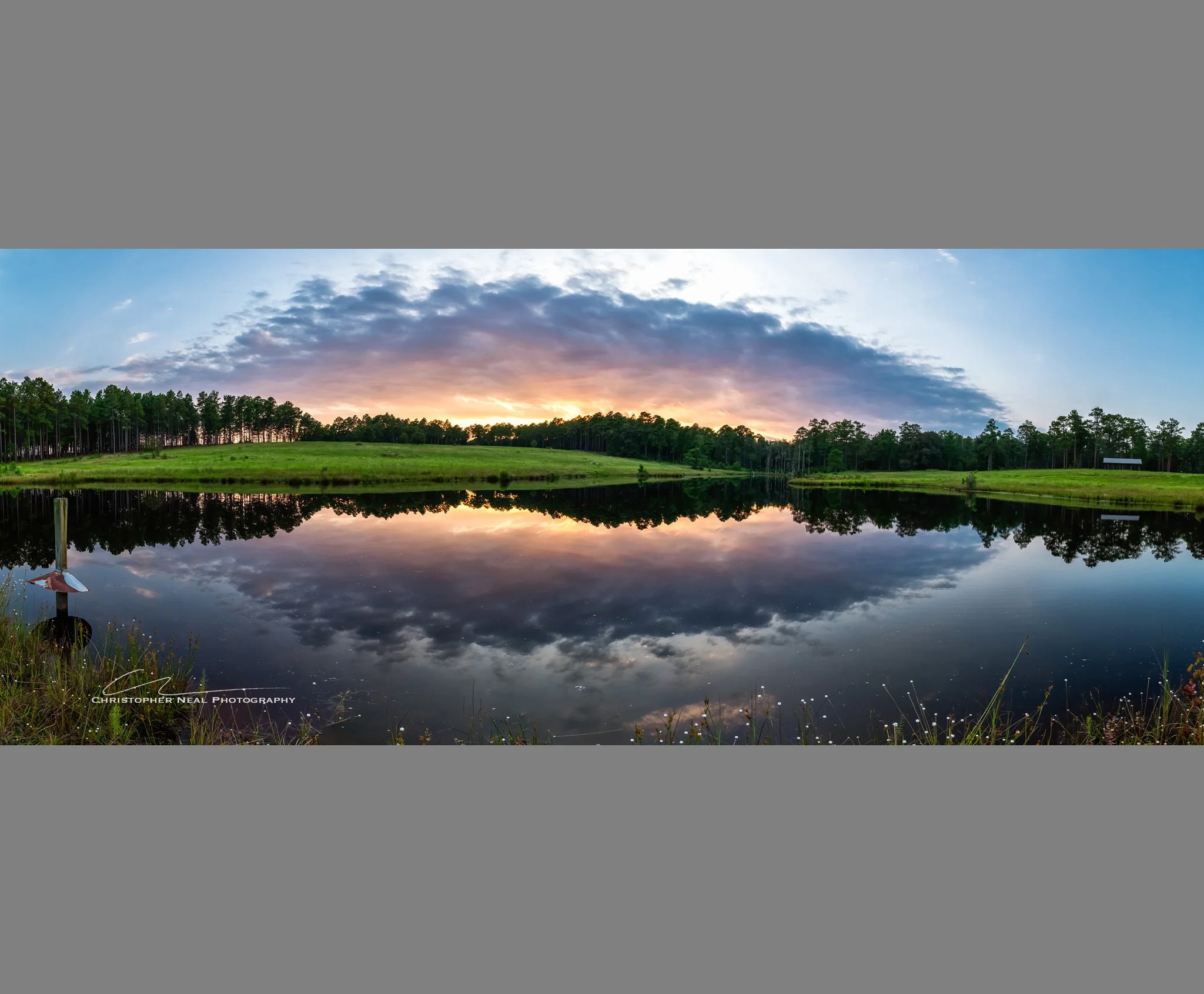 A serene landscape featuring a calm lake reflecting the colorful sunset sky and clouds, surrounded by a lush green forest with tall trees and some grasses along the water's edge.