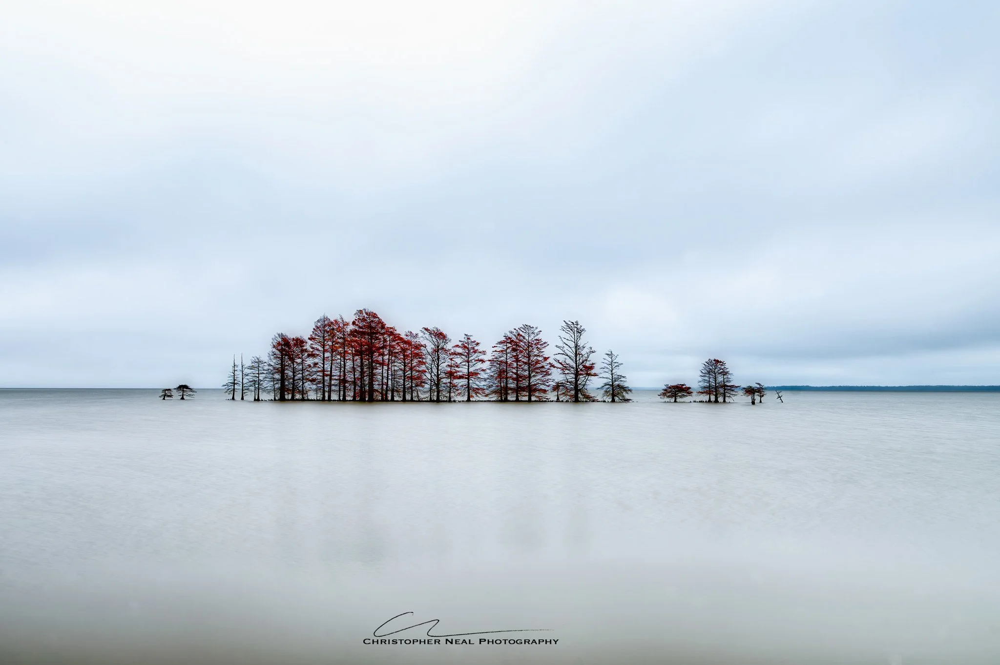 A serene body of water with trees on a small island, some trees with red leaves, under a cloudy sky.