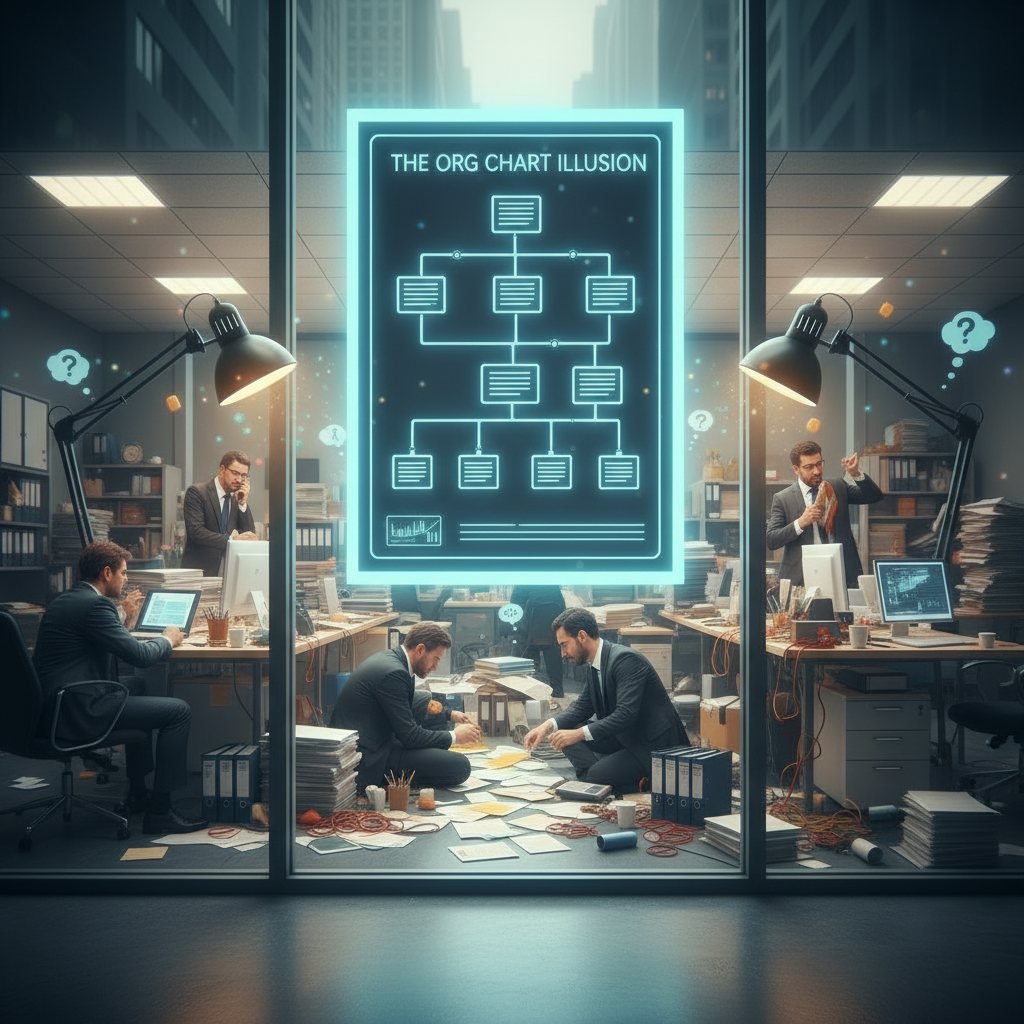 Futuristic office scene with multiple men working at their desks and on the floor, surrounded by stacks of paper and binders, with digital diagrams and question marks floating in the background, viewed through a glass wall.