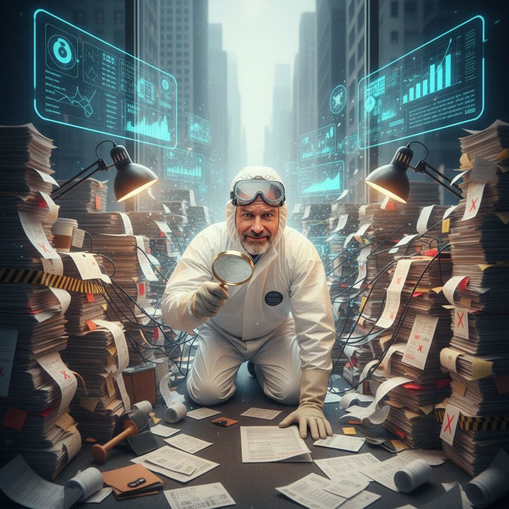 A man dressed as a scientist in a cluttered office with stacks of paper, examining documents with a magnifying glass. The background features digital data displays and charts.