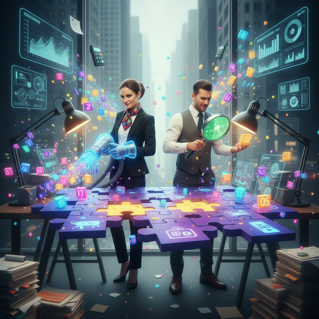 Two professionals, a woman and a man, working at a city office with holographic digital interfaces and puzzle pieces on the table, amidst floating icons and data analytics.