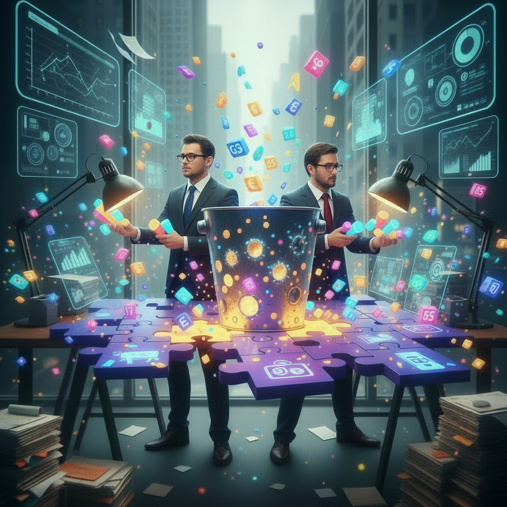 Two businessmen in suits and glasses working at a high-tech workspace with holographic screens, colorful floating icons, and data charts amid a cityscape background, with scattered papers and stacks of files.