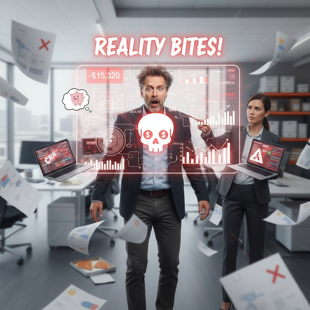 A man and woman in an office surrounded by flying papers with digital financial graphics overlaid, including a skull with dollar signs, a piggy bank thought bubble, and the text 'Reality Bites!'