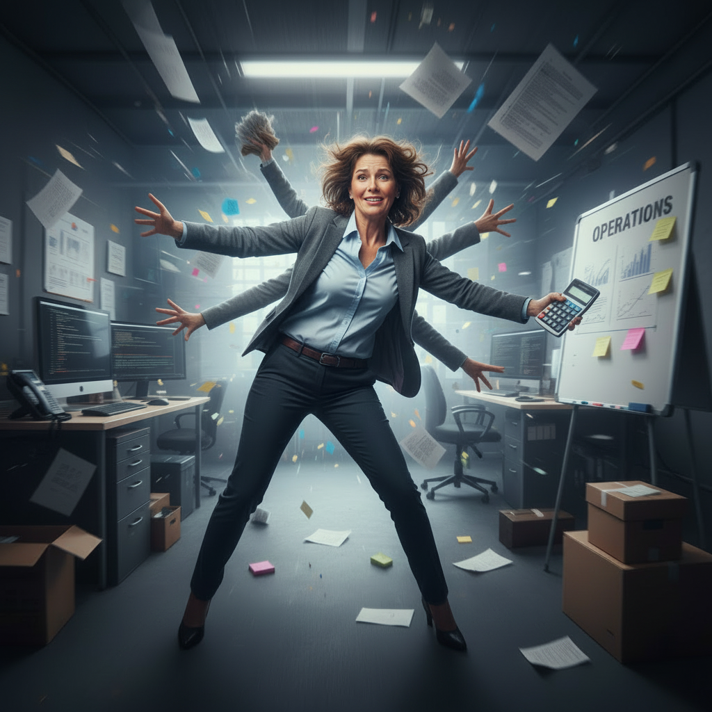 A woman with multiple arms holding a calculator, standing in a chaotic office with papers flying around and computer monitors. The office appears crowded and busy with unorganized desks and boxes.