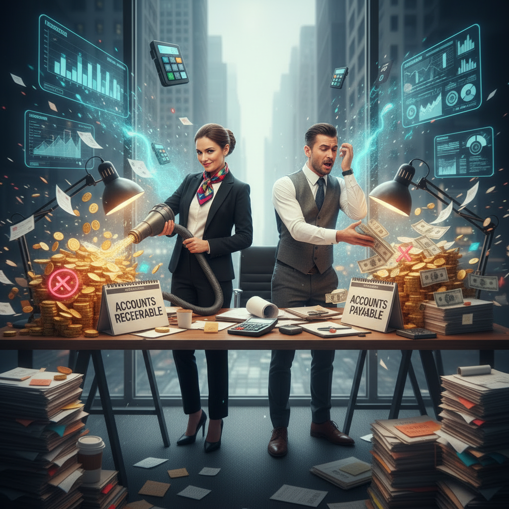 Two business professionals, a woman and a man, are in an office with a city view, working with digital financial data and piles of money on a table. The woman is using a leaf blower to blow cash into a pile labeled "Accounts Receivable," while the man is holding cash over a pile labeled "Accounts Payable." Digital graphs and floating calculators are in the background, highlighting a high-tech financial environment.