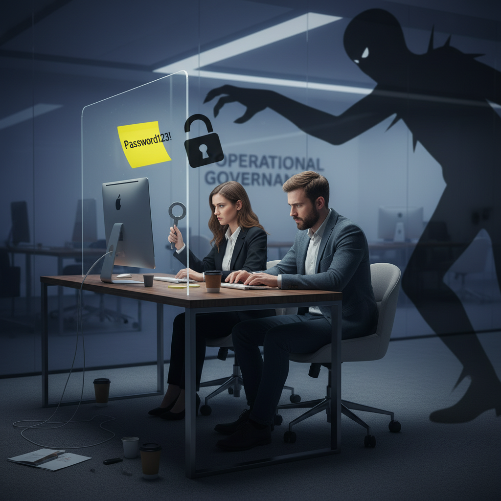 Two office workers, a woman and a man, sitting at a desk with a computer, surrounded by a transparent barrier. The woman is holding a magnifying glass, and the man is typing on his keyboard. On the wall behind them, there is a large shadow of a menacing creature with sharp claws and a sinister appearance. A sticky note on the computer screen reads 'Password123!'. The background has a sign that says 'Operational Governance' and a large lock icon, suggesting a cybersecurity or data protection theme.