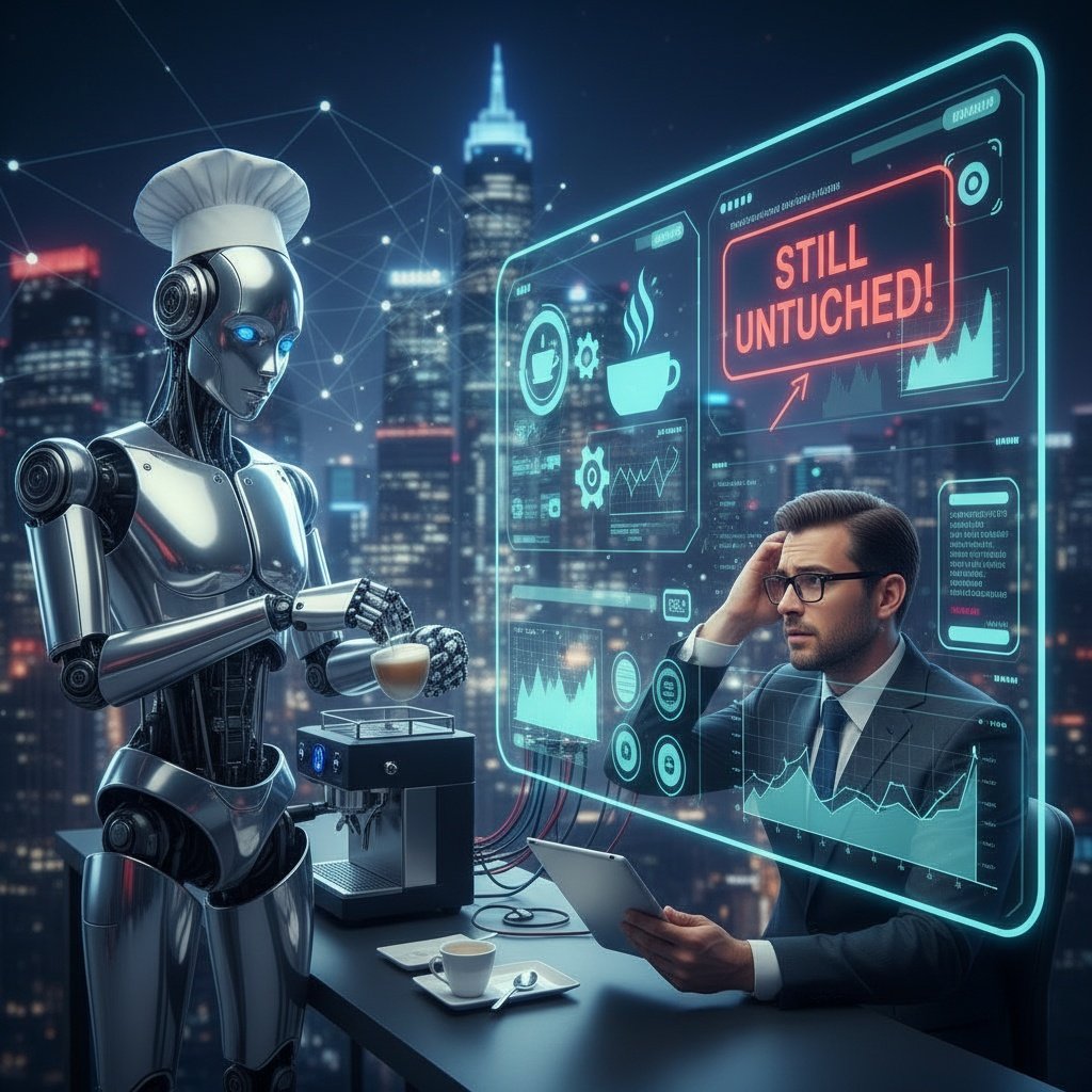 A robot in a chef's hat serves coffee to a man in a suit with glasses, who is sitting at a futuristic desk with holographic screens showing graphs and notifications, including a red alert stating 'STILL UNTOUCHED!' in a city skyline background.