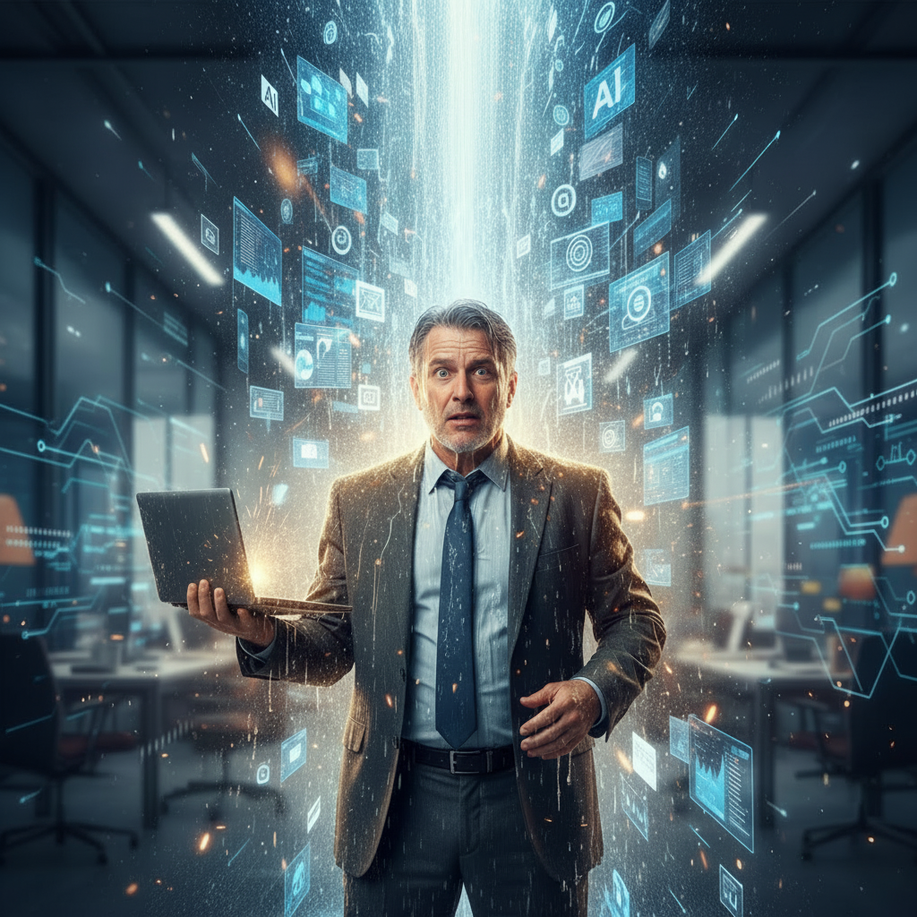 A surprised middle-aged man in a suit holding a laptop, surrounded by floating digital interface icons and charts in a futuristic office environment.