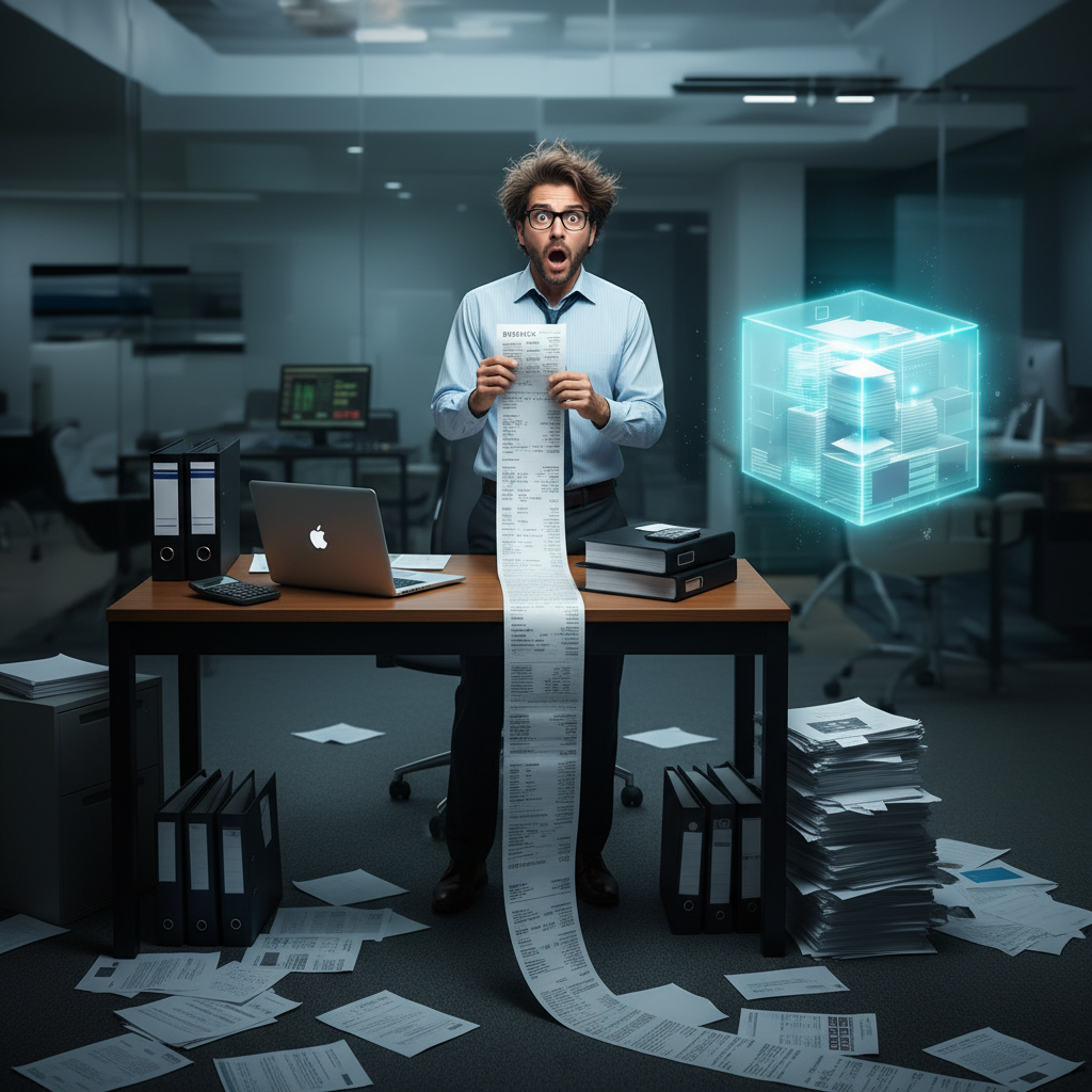 A surprised man with glasses and a blue shirt standing at an office desk holding a long un-excepted invoice from his bookkeeping company receipt, with scattered papers and binders, a laptop