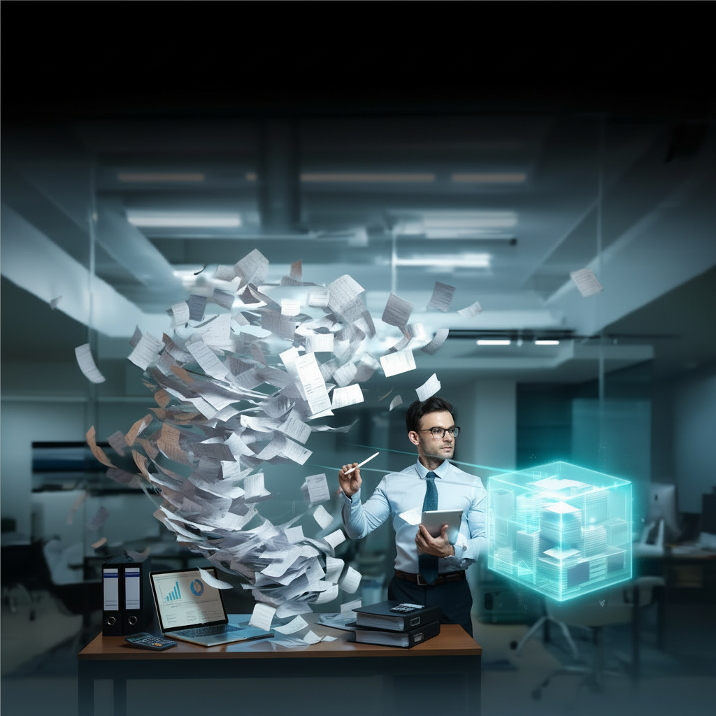 A business professional in an office with floating papers and a digital hologram of a cube.