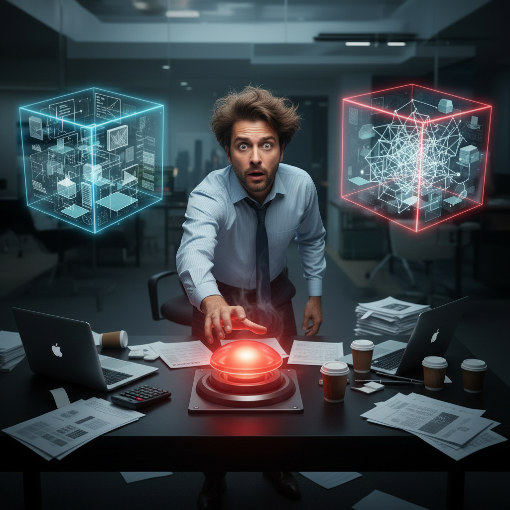 A startled man in an office reaching towards a red button on a cluttered desk, surrounded by papers, laptops, and coffee cups; holographic digital cubes with complex designs float in the air.