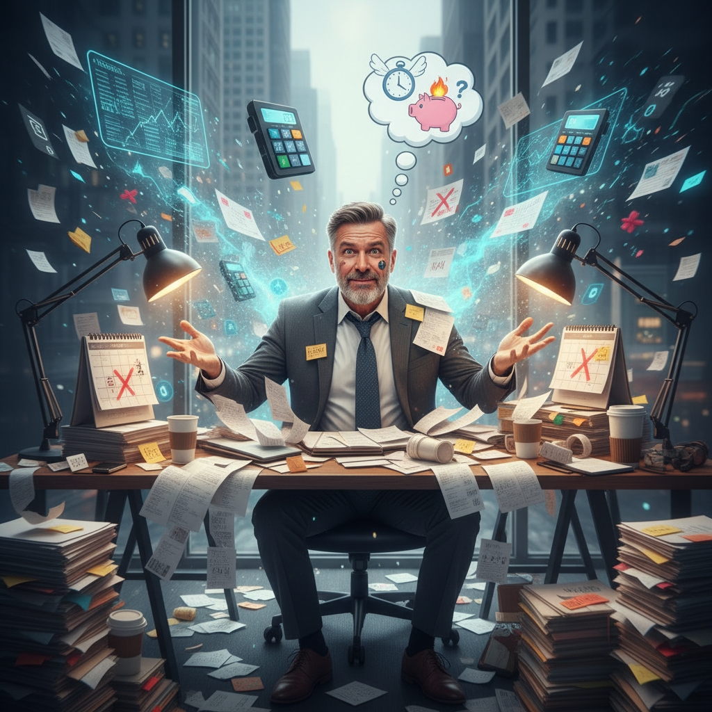A frustrated man sitting at a cluttered desk in a busy office, surrounded by papers, files, and coffee cups, with floating digital charts and calculators around him, symbolizing stress and overload.
