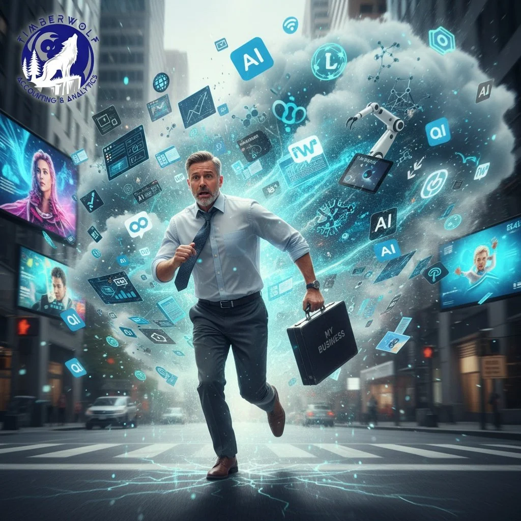 A man in business attire running on a city street holding a briefcase that reads 'My Business'. The background is filled with digital graphics, floating icons, and images representing technology, artificial intelligence, and data analytics, creating a futuristic, high-tech atmosphere.