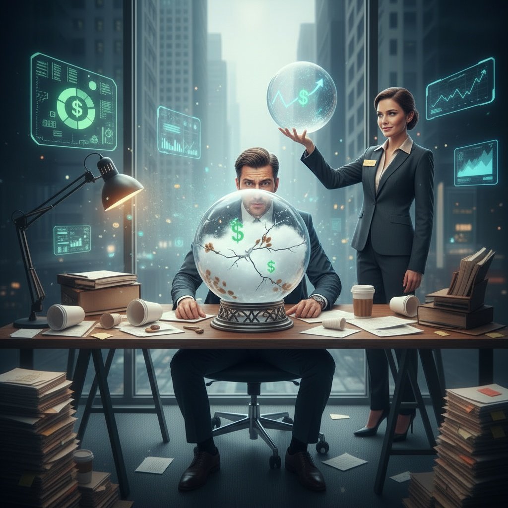 Two businesspeople in an office with city skyscrapers outside, surrounded by digital financial graphs and holograms, with a man seated at a desk and a woman standing behind him, holding a glowing globe with dollar signs.