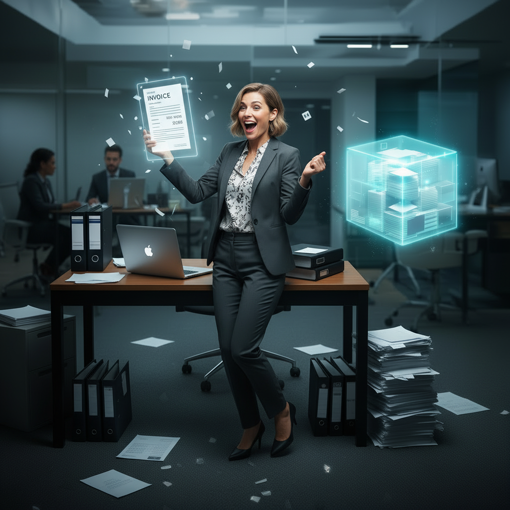 A woman in a business suit standing in an office, holding an invoice and celebrating. Digital holograms of a glowing invoice and a 3D data cube are floating nearby. Office workers and desks are in the background with papers and binders on the floor.
