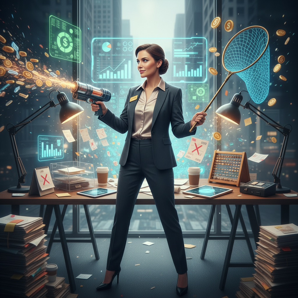 A woman in a business suit is using a hyper-realistic digital device that emits sparks of gold coins and dollar bills, surrounded by computer screens displaying financial charts and graphs in a futuristic office.