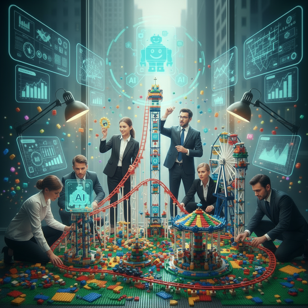 Group of professionals in business attire building a detailed model roller coaster out of LEGO bricks, with amusement park rides and digital data overlay in the background, representing technology and AI in entertainment.