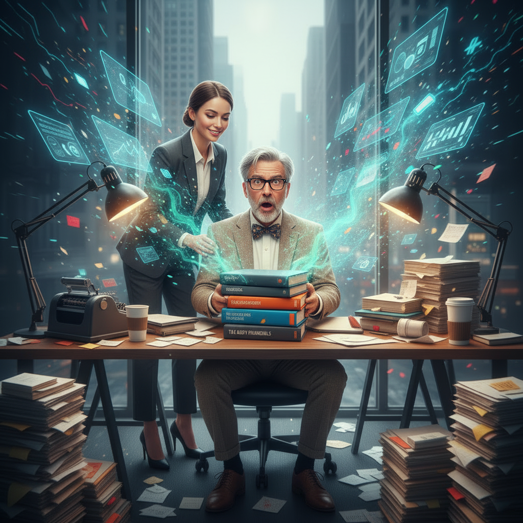 An older man with glasses and a bow tie sits at a cluttered office desk stacked with books, papers, and coffee cups, looking surprised as digital holographic data and graphs float around him. A young woman in business attire stands behind him, smiling and looking at the holograms.