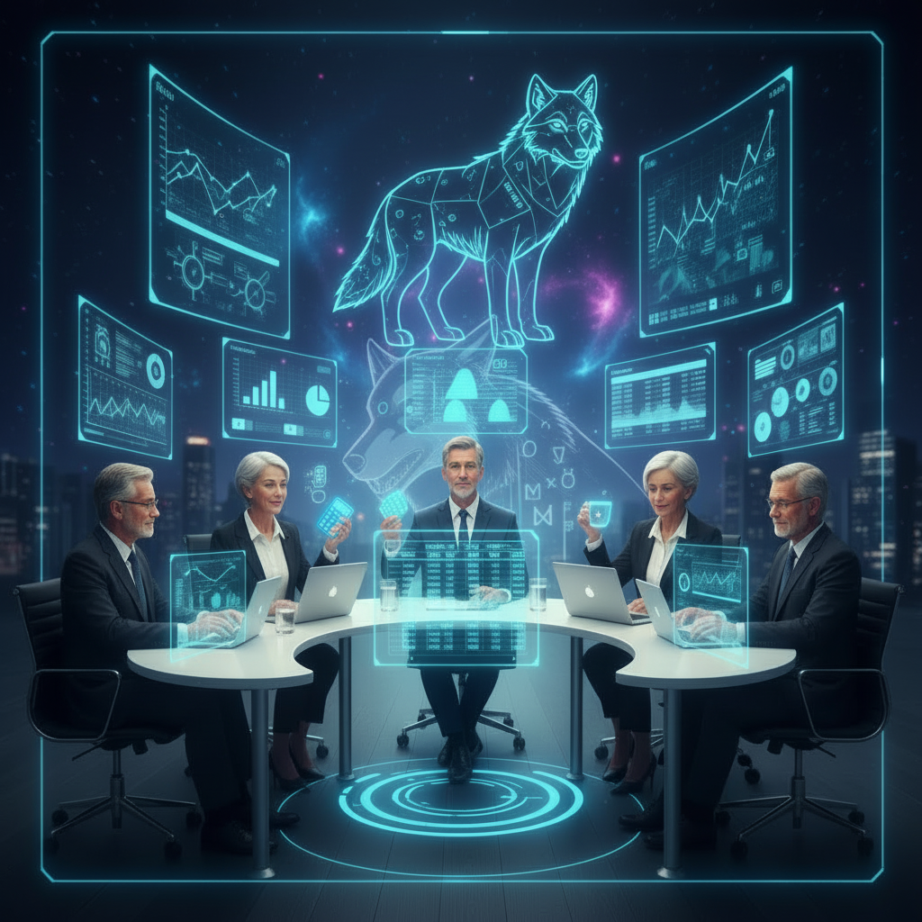 A futuristic business meeting with five older professionals at a round table using laptops, surrounded by holographic data charts and a large digital wolf image, with a neon digital fox overlay in a cityscape background.