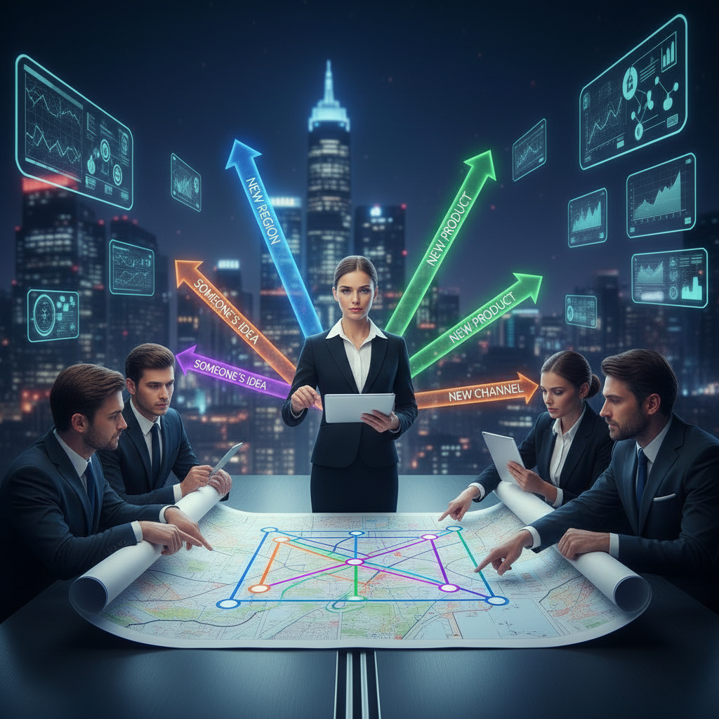 Business meeting with five professionals around a table with a large map, digital charts, and graphs projected in the background, illustrating ideas and strategies.
