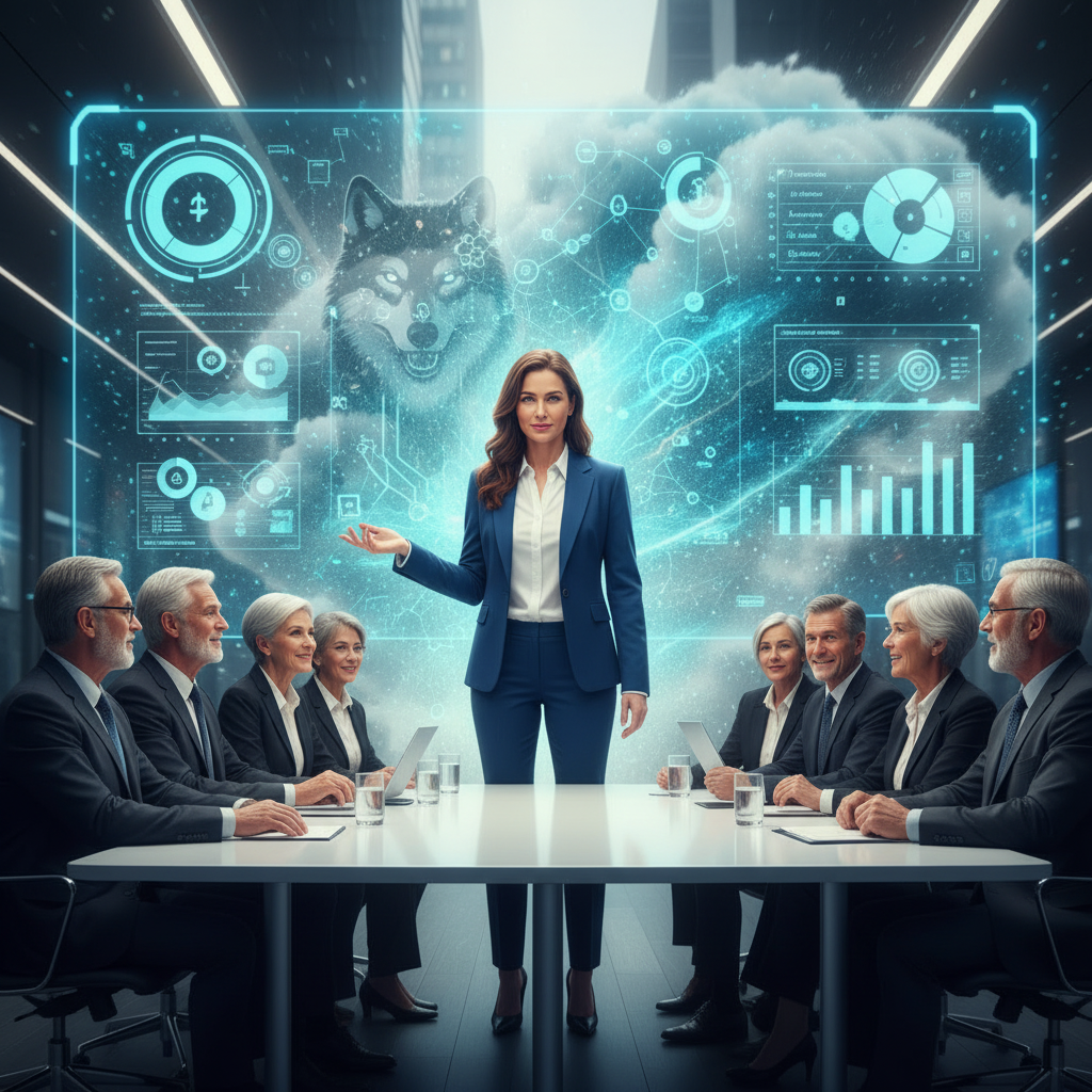 A woman in a blue suit stands at the head of a conference table, presenting to a group of seated older professionals in a modern office. Behind her is a large futuristic digital display featuring a glowing image of a wolf and various charts, graphs, and data visualizations.