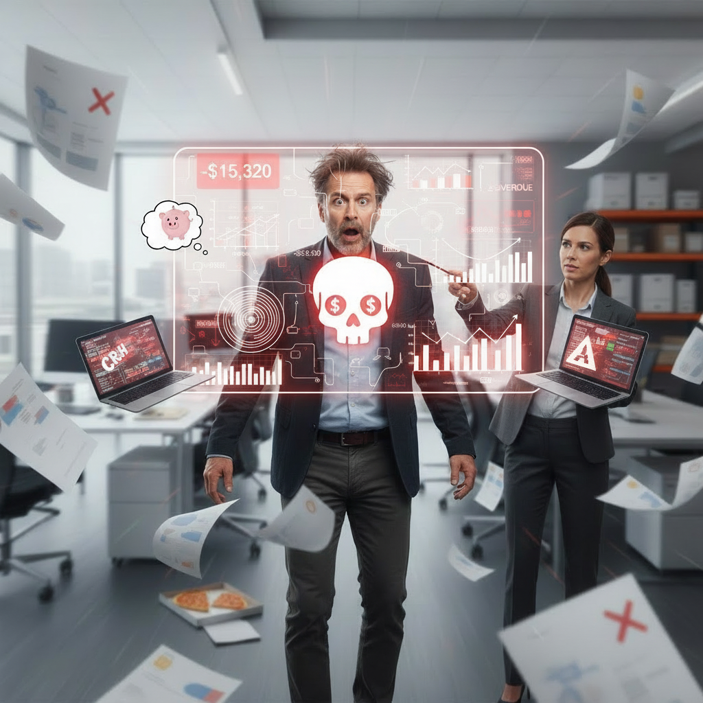 A man and woman in a modern office environment surrounded by flying papers. The man appears surprised and is looking at a virtual hologram interface displaying a skull with dollar signs, financial graphs, and charts. The woman is holding a laptop with a warning sign on the screen.