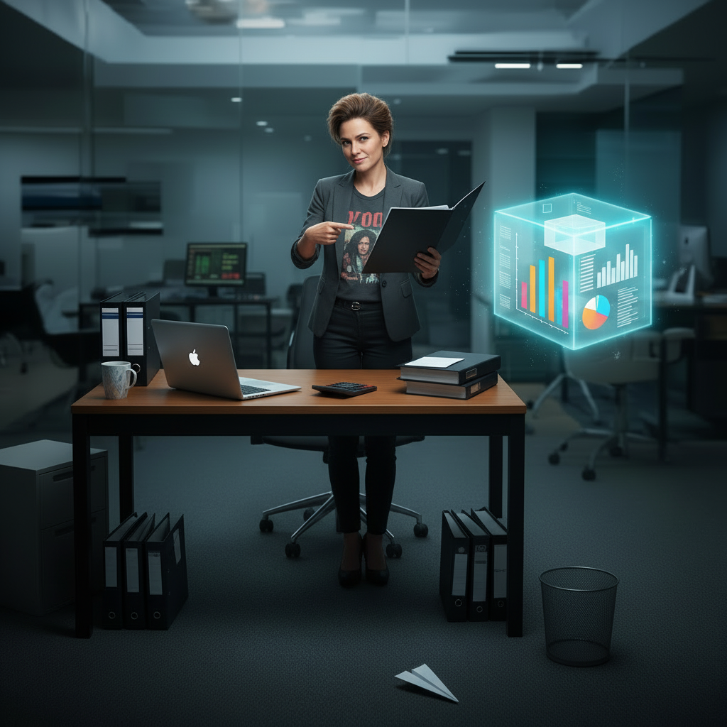 A woman in a gray blazer standing at her desk in an office, holding a folder and pointing at her laptop, with a digital hologram of charts and data beside her.