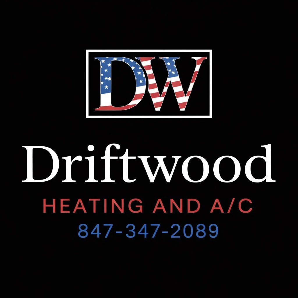 Logo for Driftwood Heating and A/C with a black background, featuring a box with the initials DW decorated with the American flag, and the company name 'Driftwood' with services and phone number below.