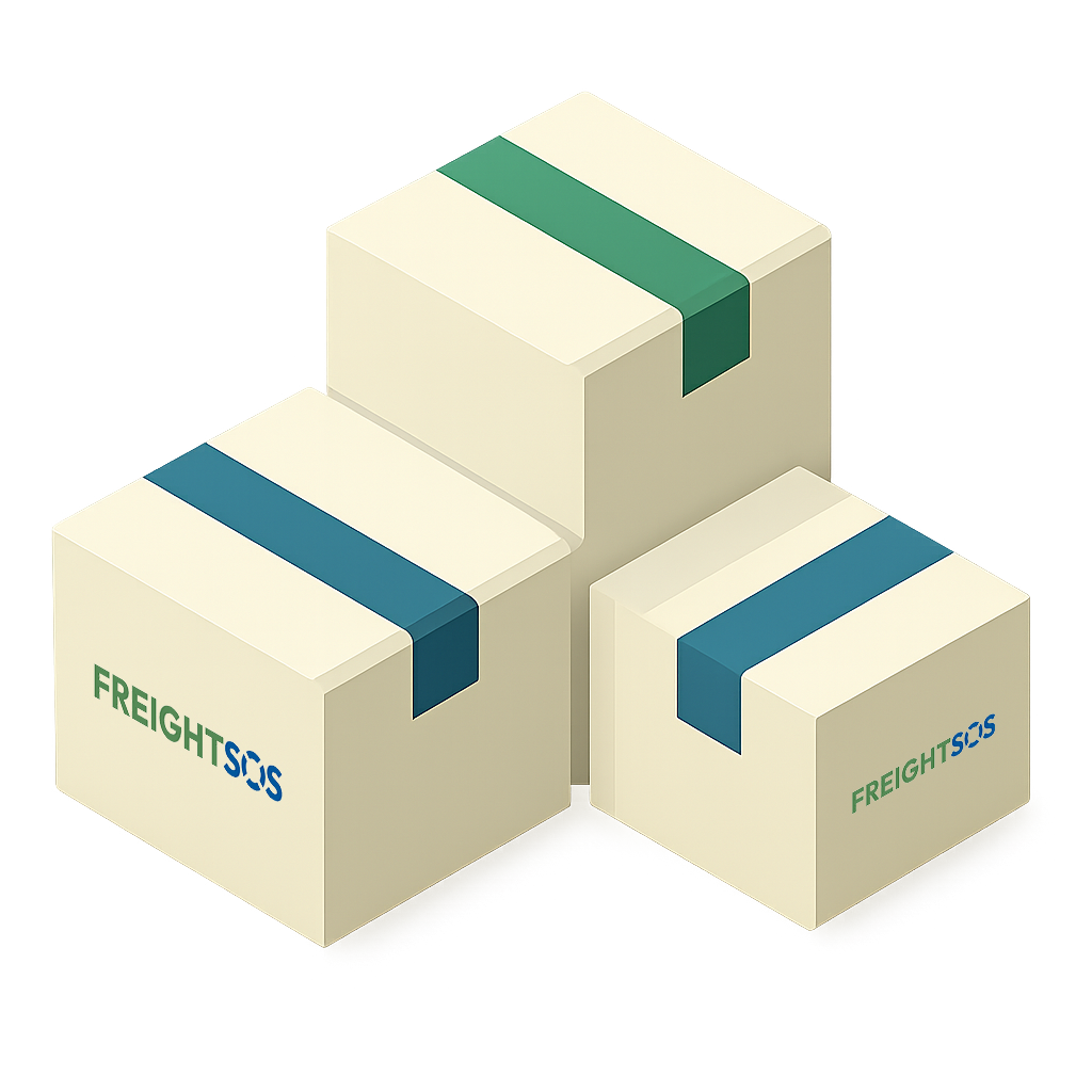 Three cardboard boxes with FreightSOS branding, sealed with blue and green tape, arranged with two on the bottom and one on top.