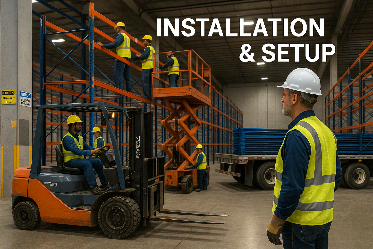 Workers wearing safety vests and helmets operate equipment and organize materials in a warehouse during installation and setup.