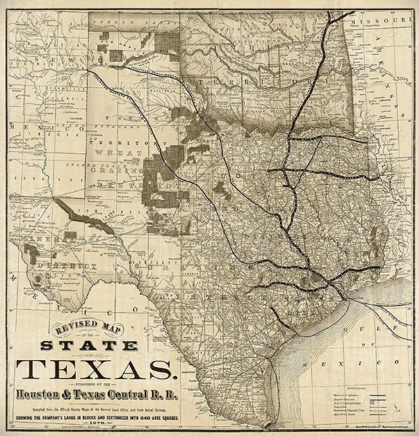 Revised map of the state of Texas showing Houston and Texas Central R.R., with roads and geographical features.