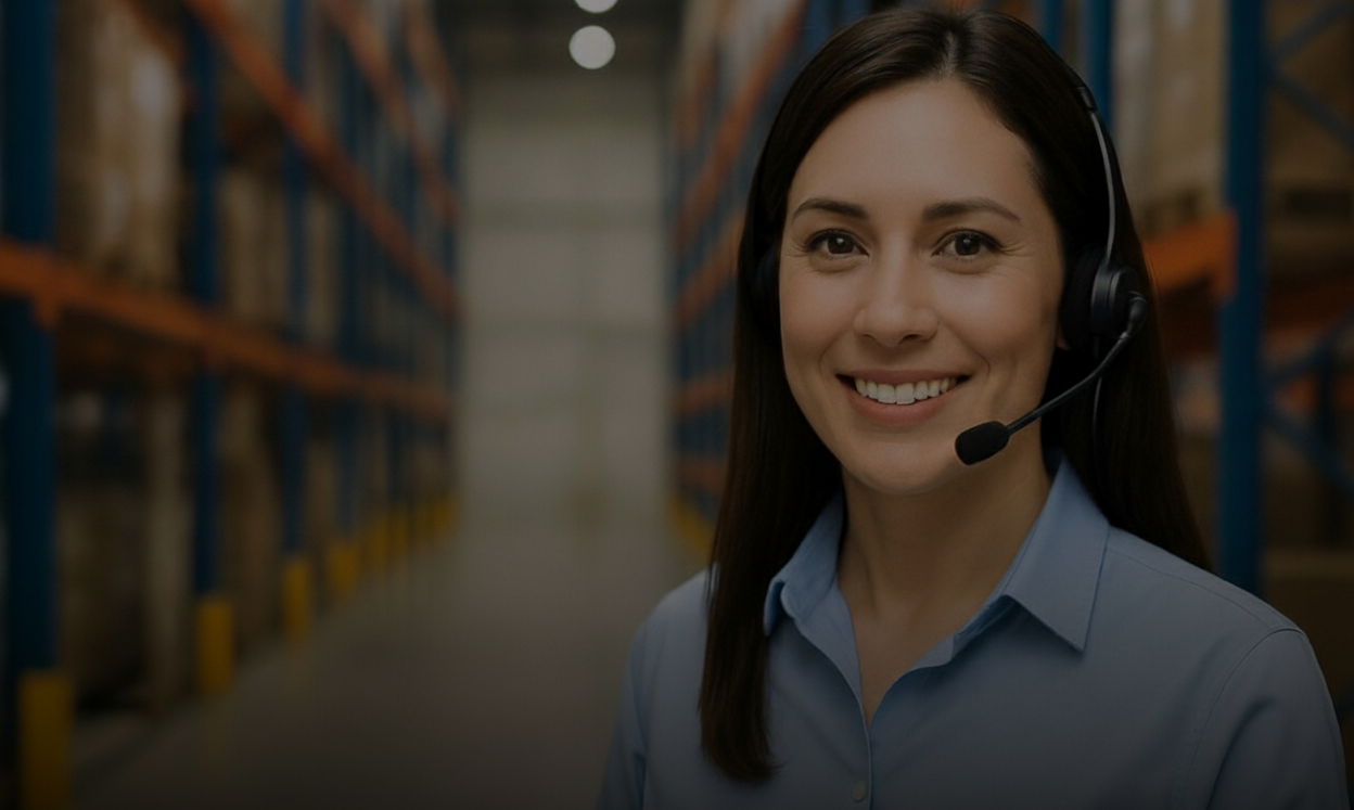 A smiling woman wearing a headset in a warehouse aisle with shelves filled with boxes.